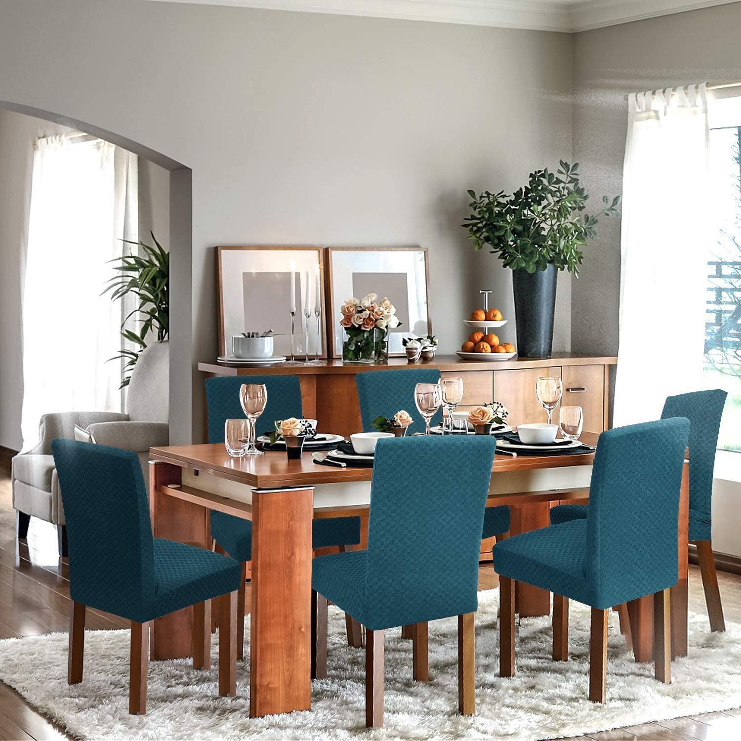Stretch Checkered Dining Chair Slipcovers - Parsons Chair Protector Set of 2, Peacock Blue - Washable Furniture Covers for Kitchen, Restaurant, Party & Home Decor | Easy Fit Stretch Fabric for Dining Room Chairs