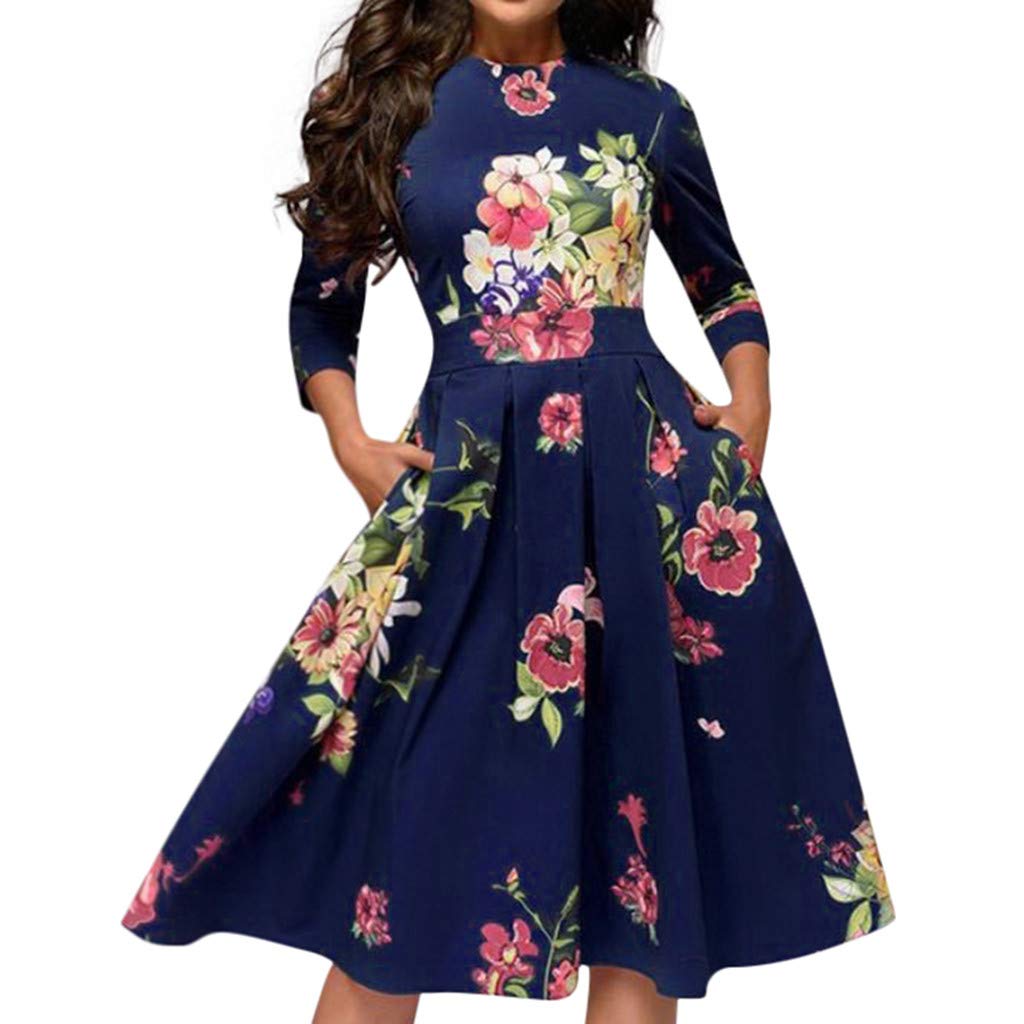 Vintage A-Line Midi Dress for Women - Floral Print Elegant Party Dress Plus Size - Perfect for Weddings, Cocktail Parties & Special Occasions