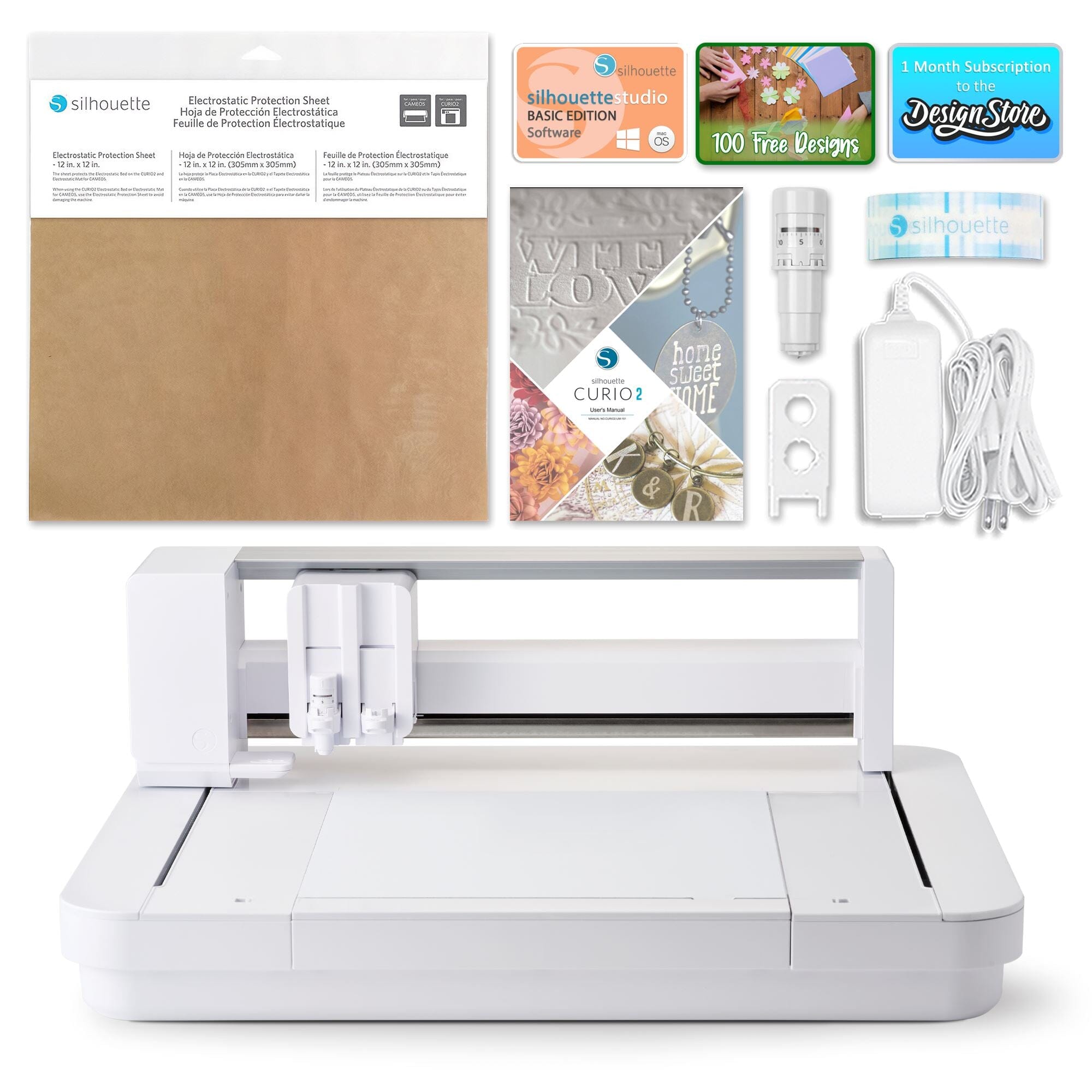 Silhouette Curio 2 Electronic Cutting Machine with Advanced Blade Pack - Includes 38 Oracal Vinyl Sheets & Siser HTV for DIY Crafts, Home Decor, and Personalized Gifts