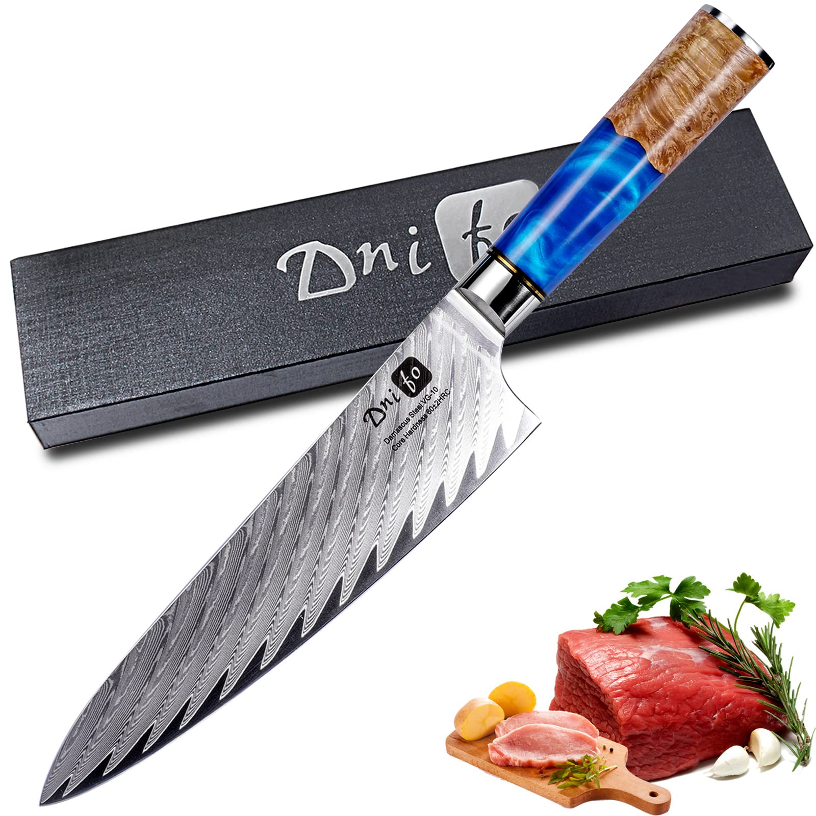 **8 Inch Damascus VG-10 Steel Professional Chef Knife - Japanese Full Tang Kitchen Knife with Half Bolster, Anti-Rust Forged Blade - Perfect for Slicing, Dicing & Precision Cooking**