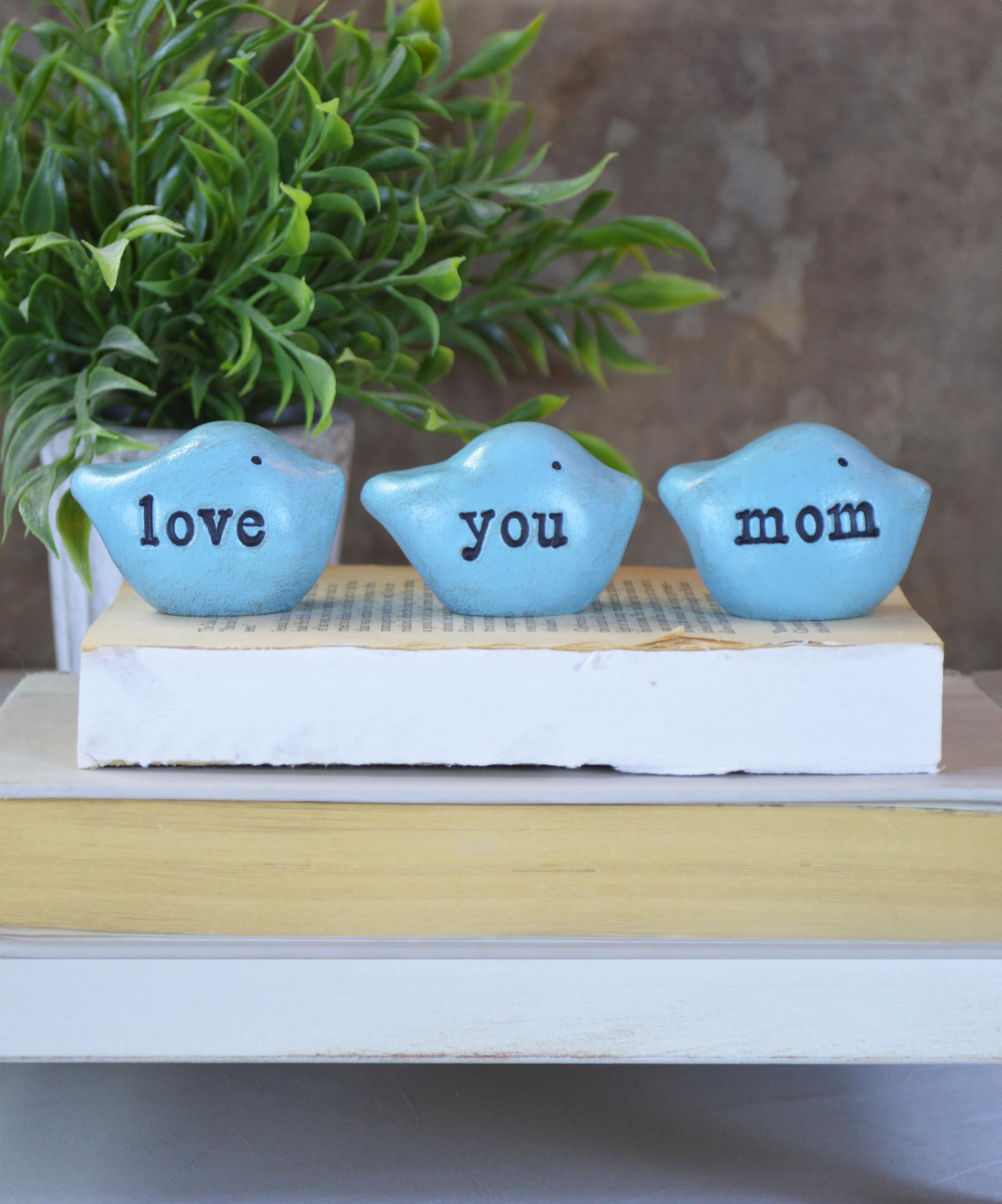 Handmade Clay Birds Gift Set for Mom - Blue 'Love You Mom' Decor - Ready to Ship - Perfect for Mother's Day, Birthday & Home Decoration