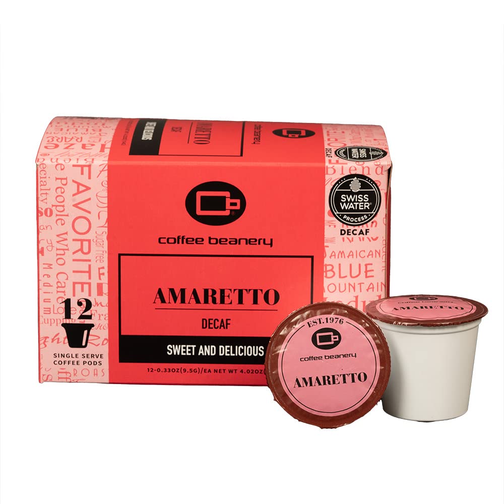 Amaretto Decaf Coffee Pods by Coffee Beanery | 12ct Medium Roast Arabica Coffee Pods for Keurig Brewers - Perfect for Afternoon Relaxation & Evening Enjoyment