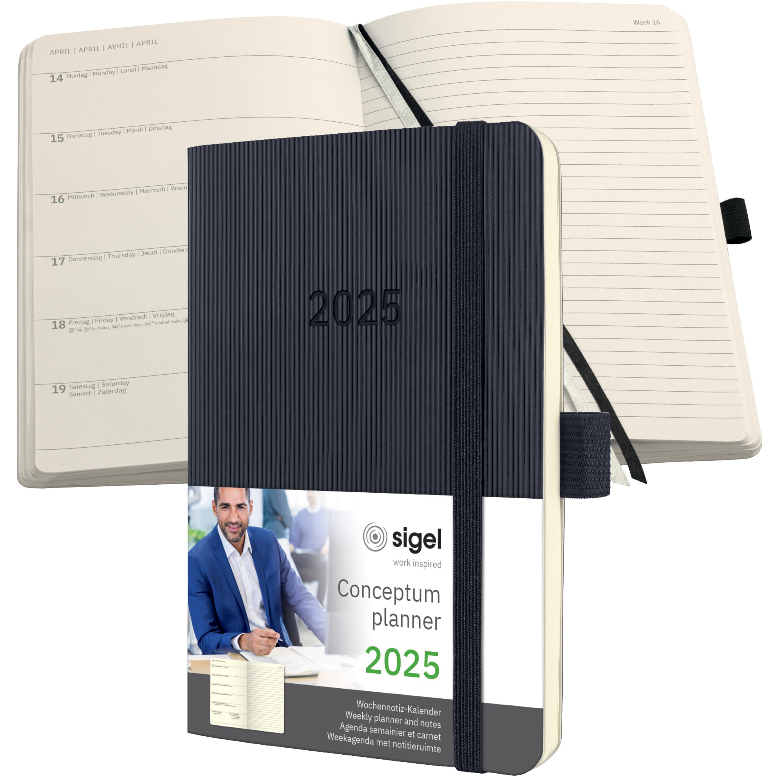 SIGEL C2525 Conceptum 2025 Weekly Planner & Notebook - A6 Size, Softcover, Black - 2 Pages per Week (Left: Planner, Right: Notes) - 176 Pages - Perfect for Work, School & Personal Organization