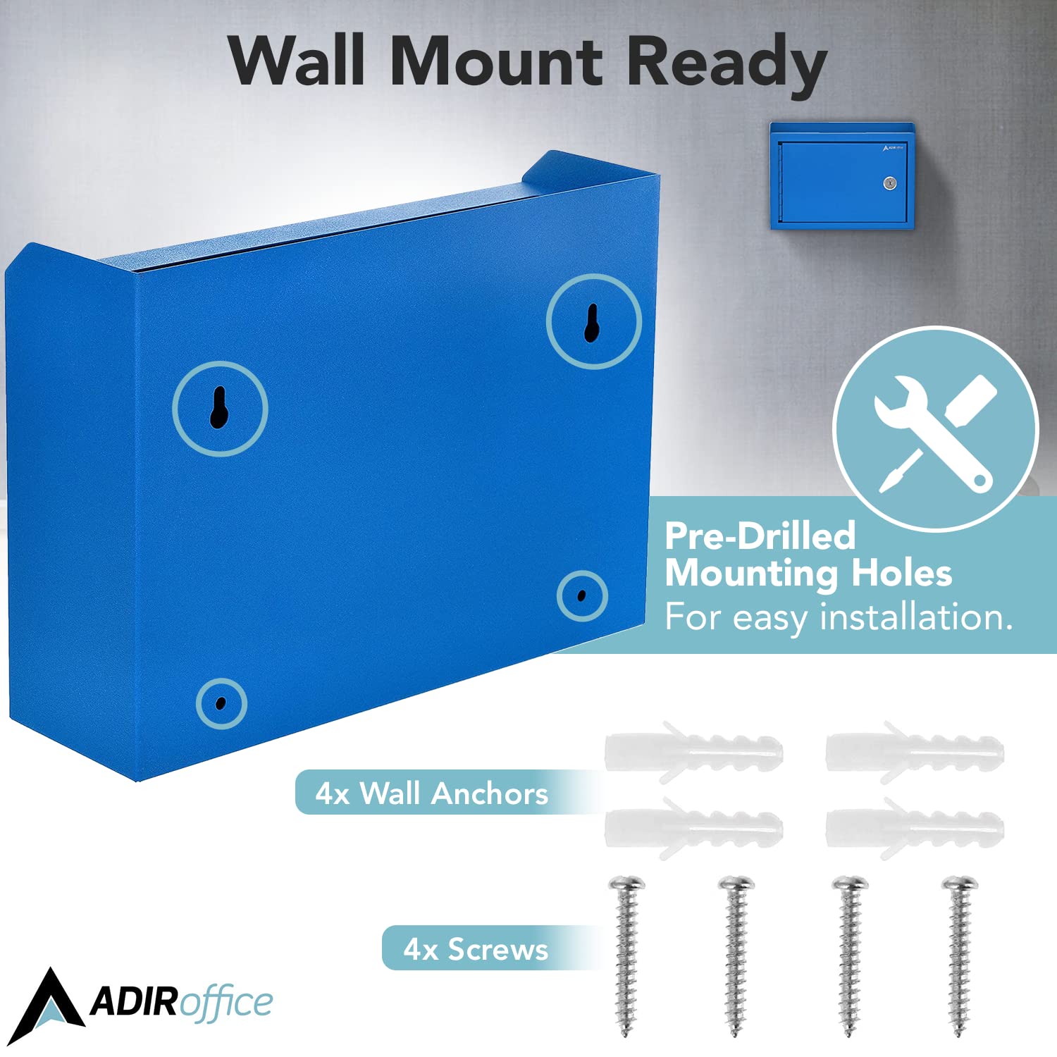 Adir Corp Locking Suggestion Box with Slot - 9.8x7.5x3.4 Inch Wall Mount Metal Deposit Box for Cash, Donations & Feedback - Secure Drop Box for Offices, Retail Stores & Public Spaces (Blue)