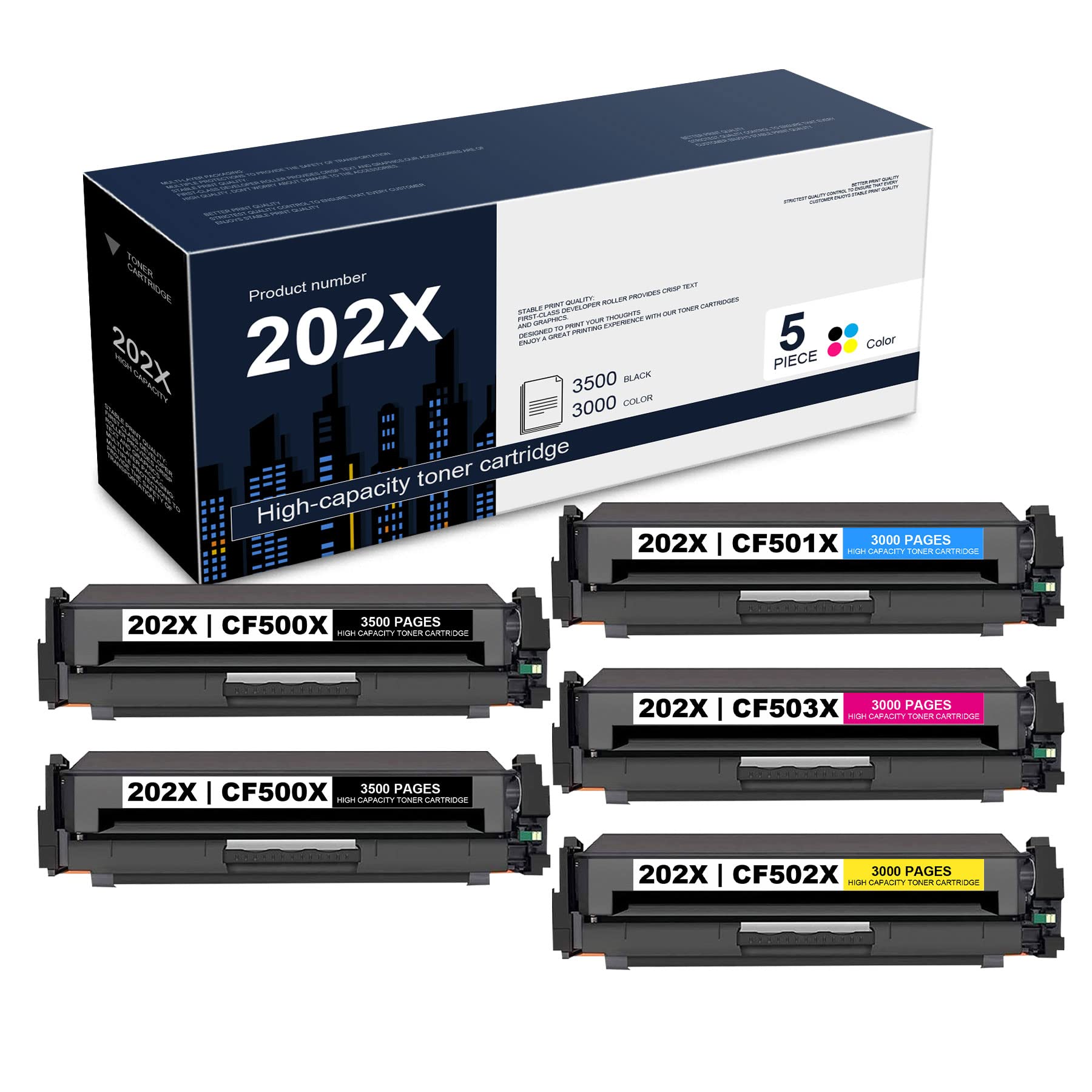 5-Pack Compatible CF500X CF501X CF502X CF503X Toner Cartridge Set (2BK+1C+1M+1Y) - Replacement for HP Color LaserJet Pro M254 M280 M281 Series Printers - Home Office & Small Business Printing Solution