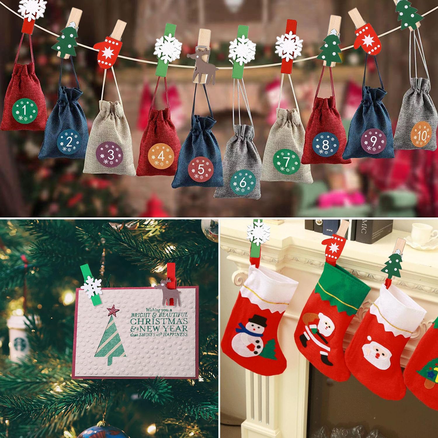 100pcs Christmas Wooden Photo Clips - Mini Clothespin Clips for Hanging Cards, Photos & Decorations - Includes 33 FT Hemp Rope - Perfect for Holiday Parties, DIY Crafts & Home Decor