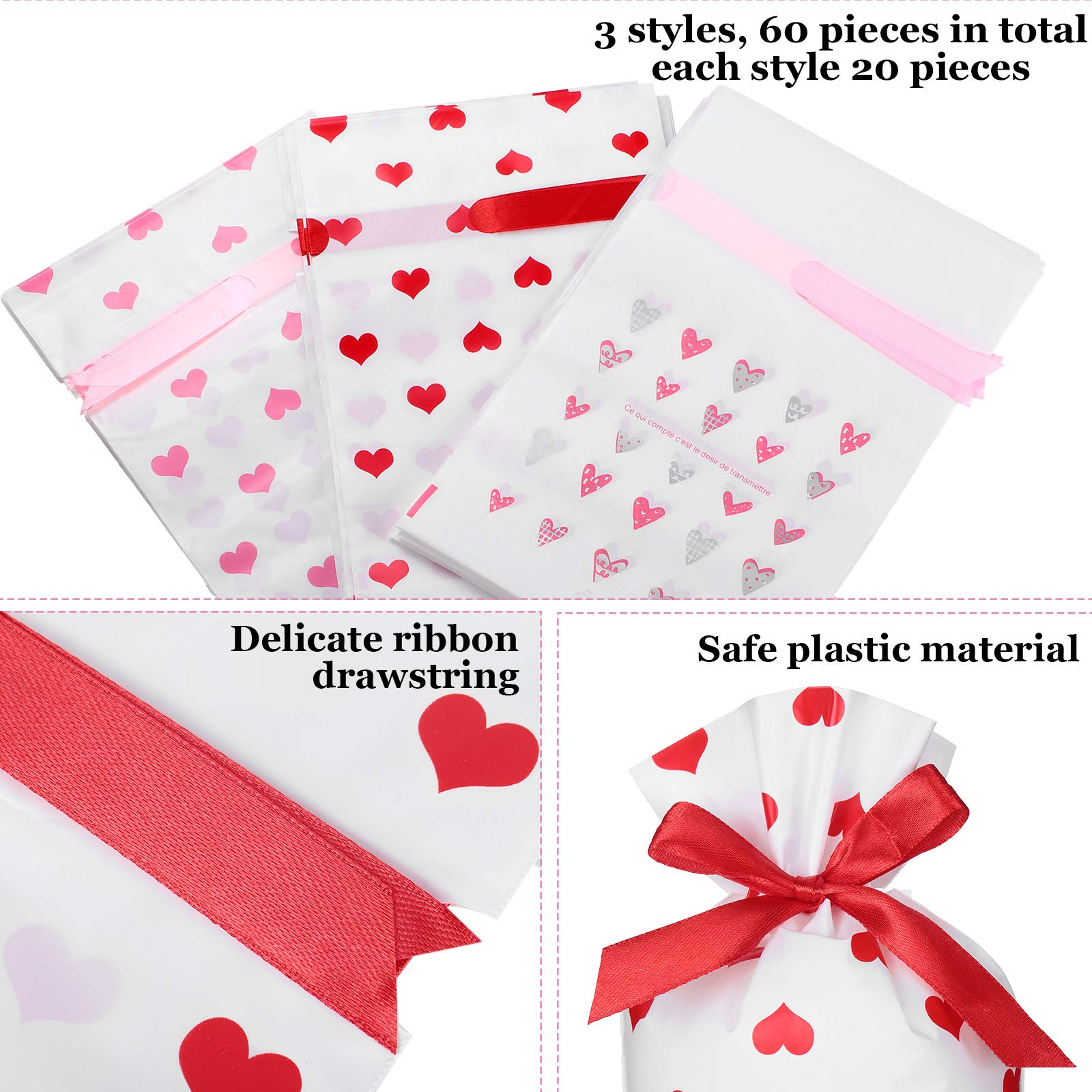 60-Piece Valentine's Day Treat Bags for Kids - Heart-Shaped Goodie Bags, Pouches & Cookie Bags for Classroom Parties, School Exchanges & Valentine's Day Celebrations