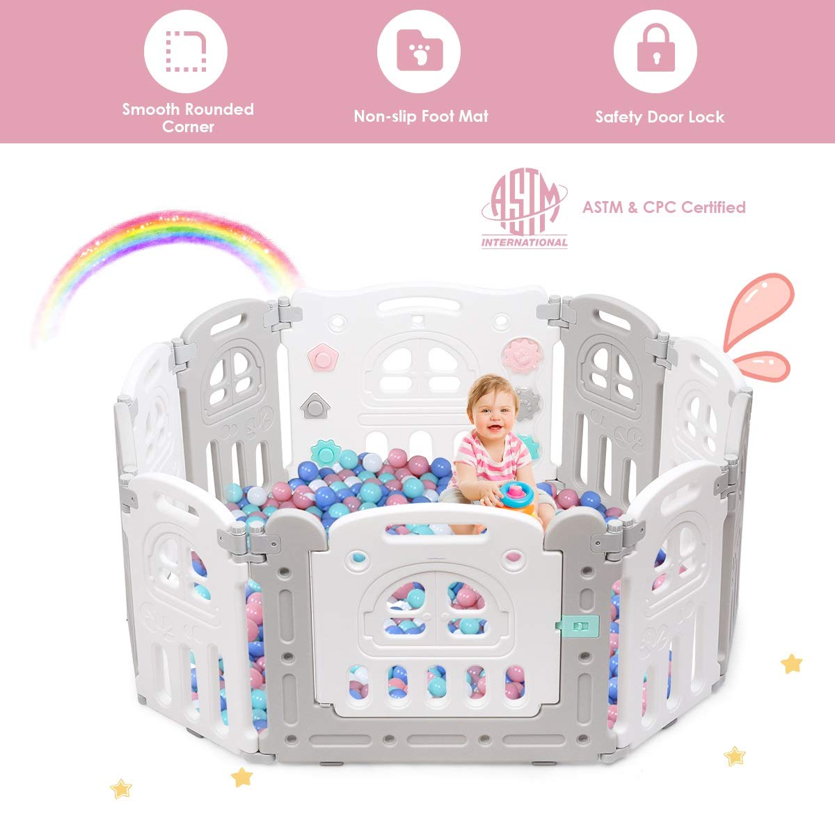 Costzon 10-Panel Foldable Baby Playpen - Indoor/Outdoor Portable Play Yard with Table Panels, Seat Stool, Lockable Gate & Educational Toys - Adjustable Shape Safety Fence for Toddlers & Kids - Perfect for Playtime, Learning and Childproofing Home Spaces