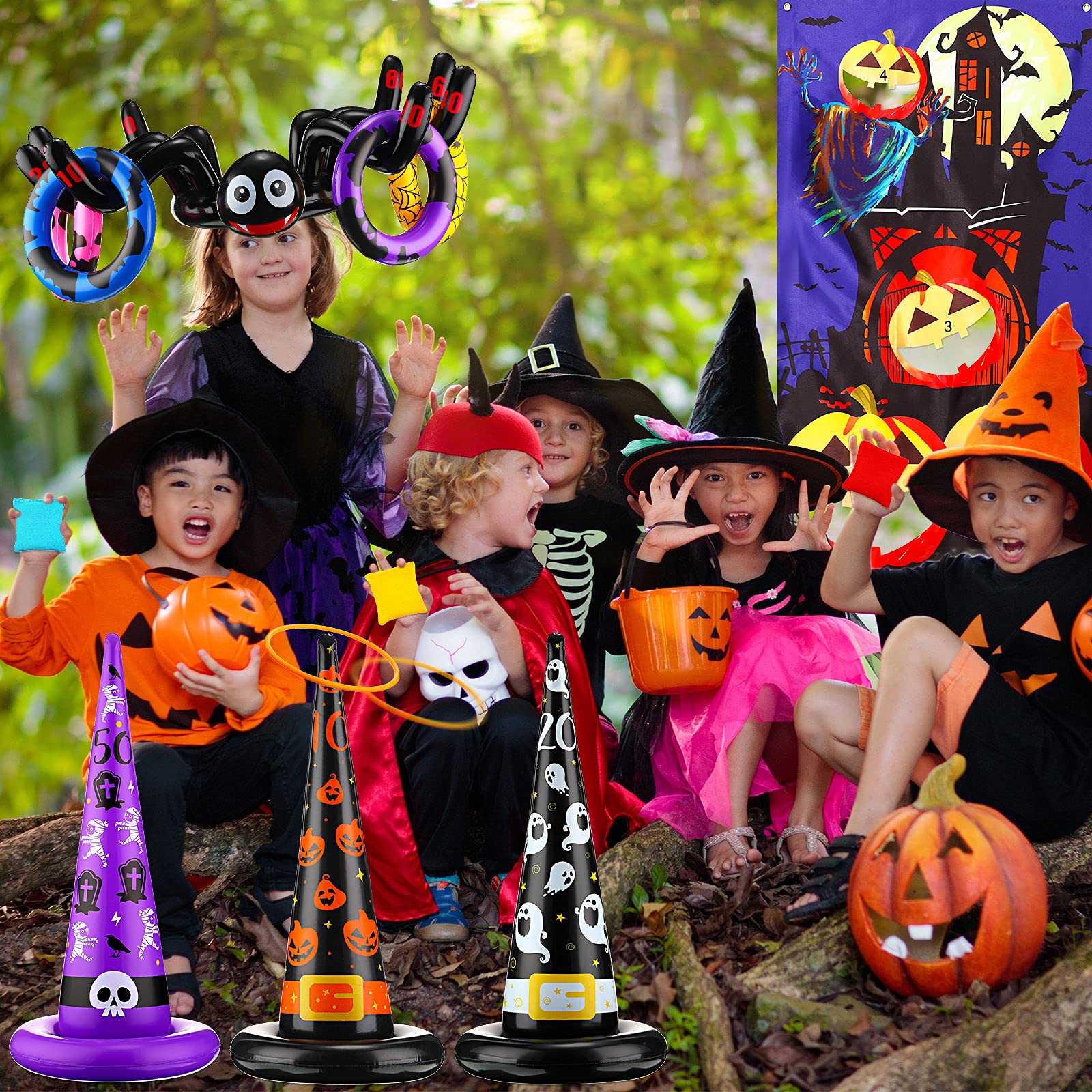 Halloween Toss Game Set with Witch Hat & Pumpkin Rings - Outdoor Party Games