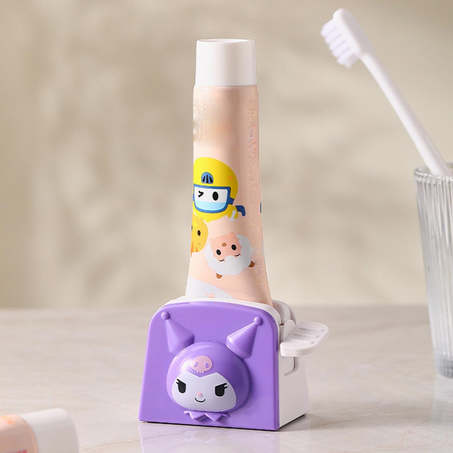 Cute Cartoon Toothpaste Squeezer & Tube Wringer Holder - Kawaii Bathroom Accessory Stand for Toothpaste Dispenser - Simple & Practical (Purple) - Perfect for Kids' Bathrooms & Travel