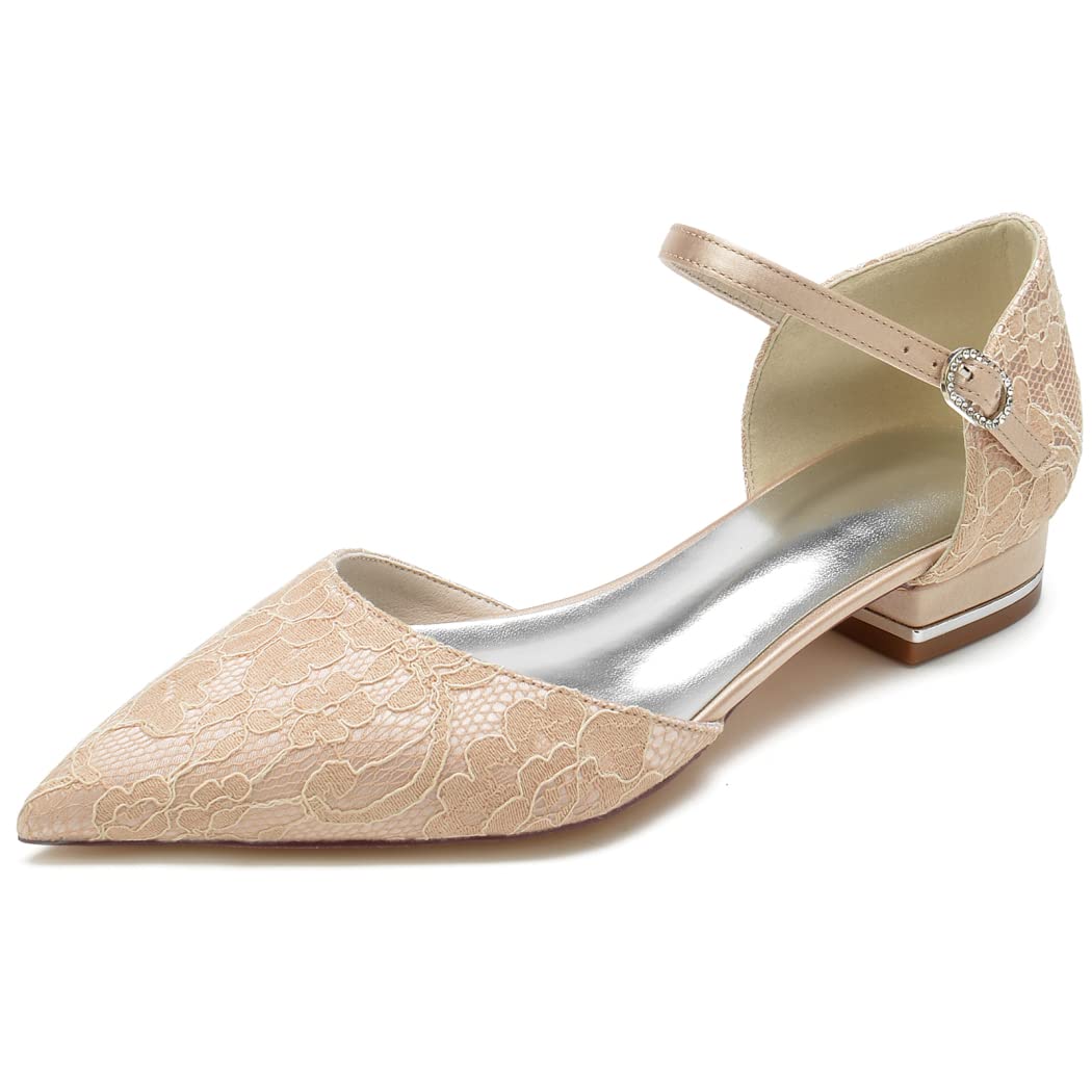 2.5cm Women's Pointed Toe Satin Lace Ballet Flats with Ankle Strap - Comfortable Dressy Flats for Evening, Bridal Party, Wedding & Special Occasions - Champagne Color, Size 7.5 US