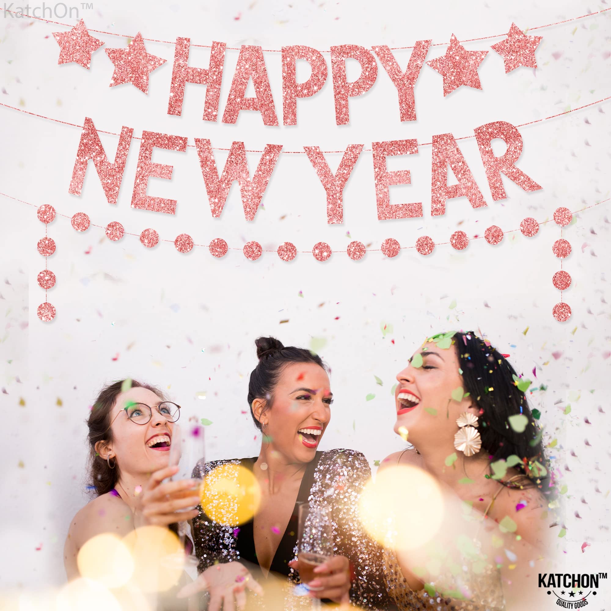 KatchOn 10ft Rose Gold Glitter New Year's Banner 2025 - Pre-Strung Happy New Year Decor with Garland | 2025 New Year's Eve Party Supplies for Wall Decor, Countdown Events & Festive Celebrations
