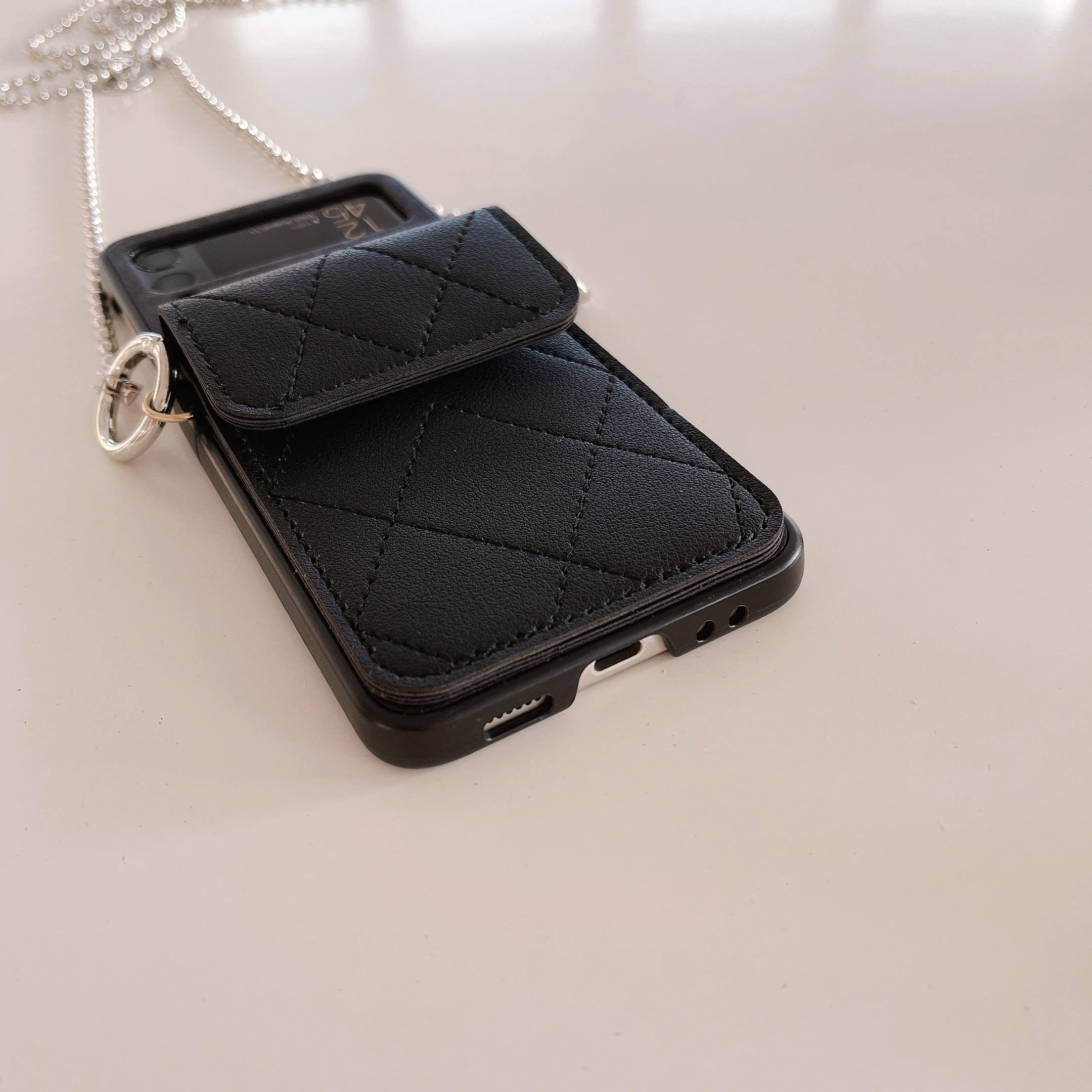 Luxury Leather Wallet Case for Samsung Galaxy Z Flip 3 5G (2021) - Cute Black Card Holder with Metal Chain Lanyard, Shockproof Flip Cover for Women & Girls | Perfect for Everyday Use, Travel, and Style Protection