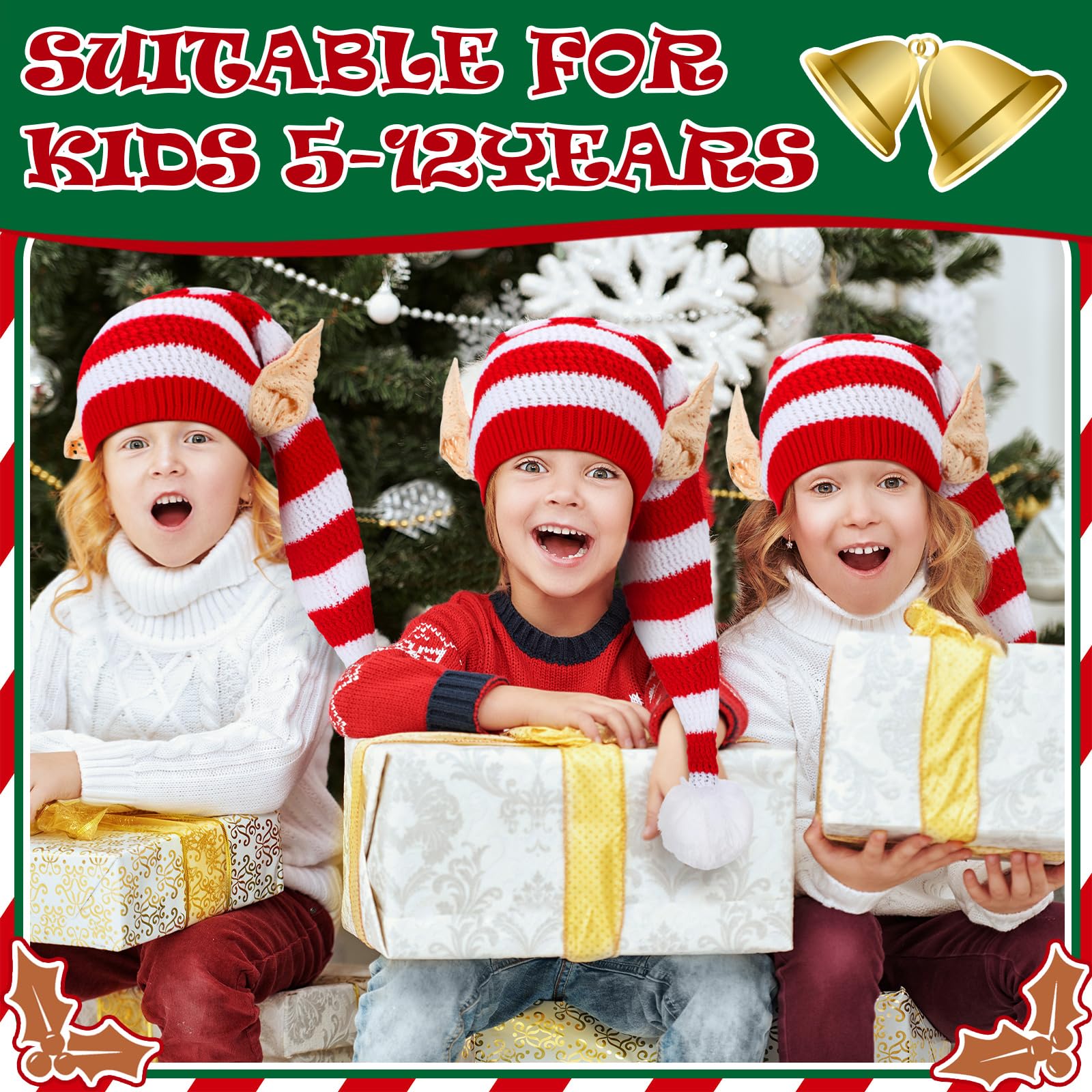 Funtery Christmas Knitted Elf Hats with Ears for Kids & Adults - Warm Crochet Long Santa Beanie Hat - Perfect for Holiday Parties, Elf Costume Accessories & Winter Festive Outfits