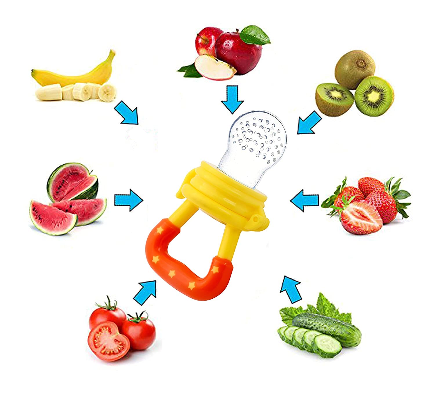 Manan Baby Feeding Essentials Combo Pack - 1 Baby Bib, 1 Feeder, 1 Feeding Spoon & 1 Fruit Nibbler (Multicolor, Print May Vary) - Perfect for Newborns & Toddlers at Home or Travel