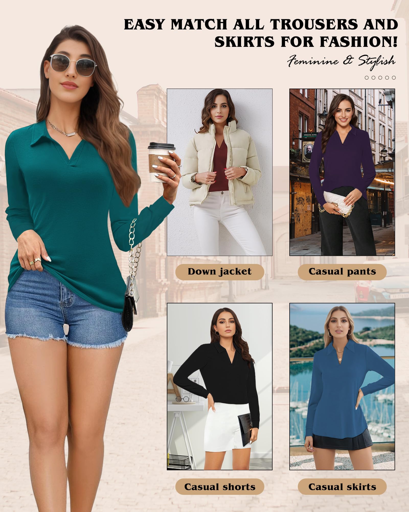 Women's Polo Shirts - V-Neck Business Casual Tops & Collared Tunic Blouses with Long Sleeves | Perfect for Office Wear, Business Meetings & Smart Casual Outfits