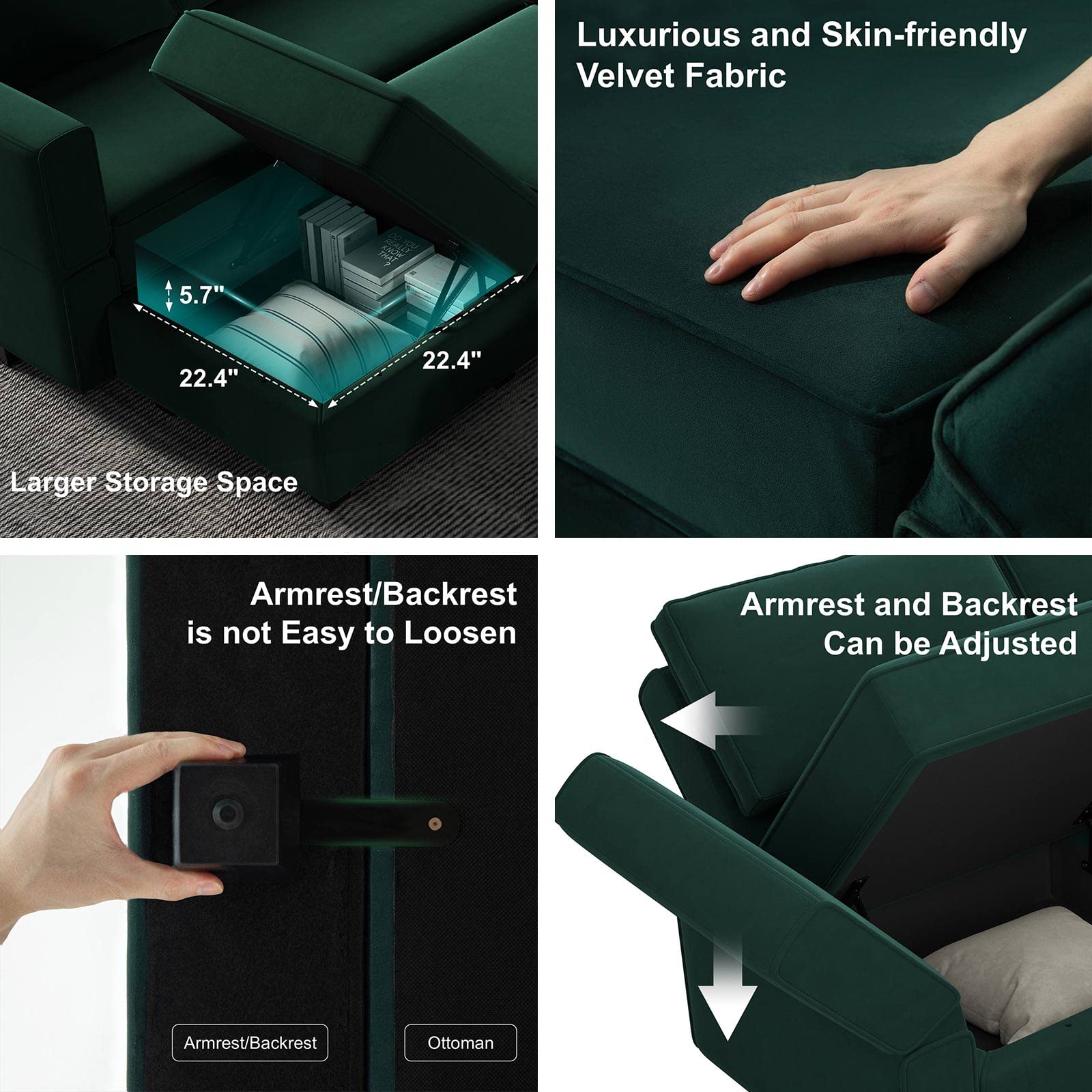 Belffin Oversized U-Shaped Modular Sectional Sofa with Reversible Double Chaises - Velvet Storage Sleeper Sofa in Green | Perfect for Large Living Rooms, Home Theaters & Family Gatherings