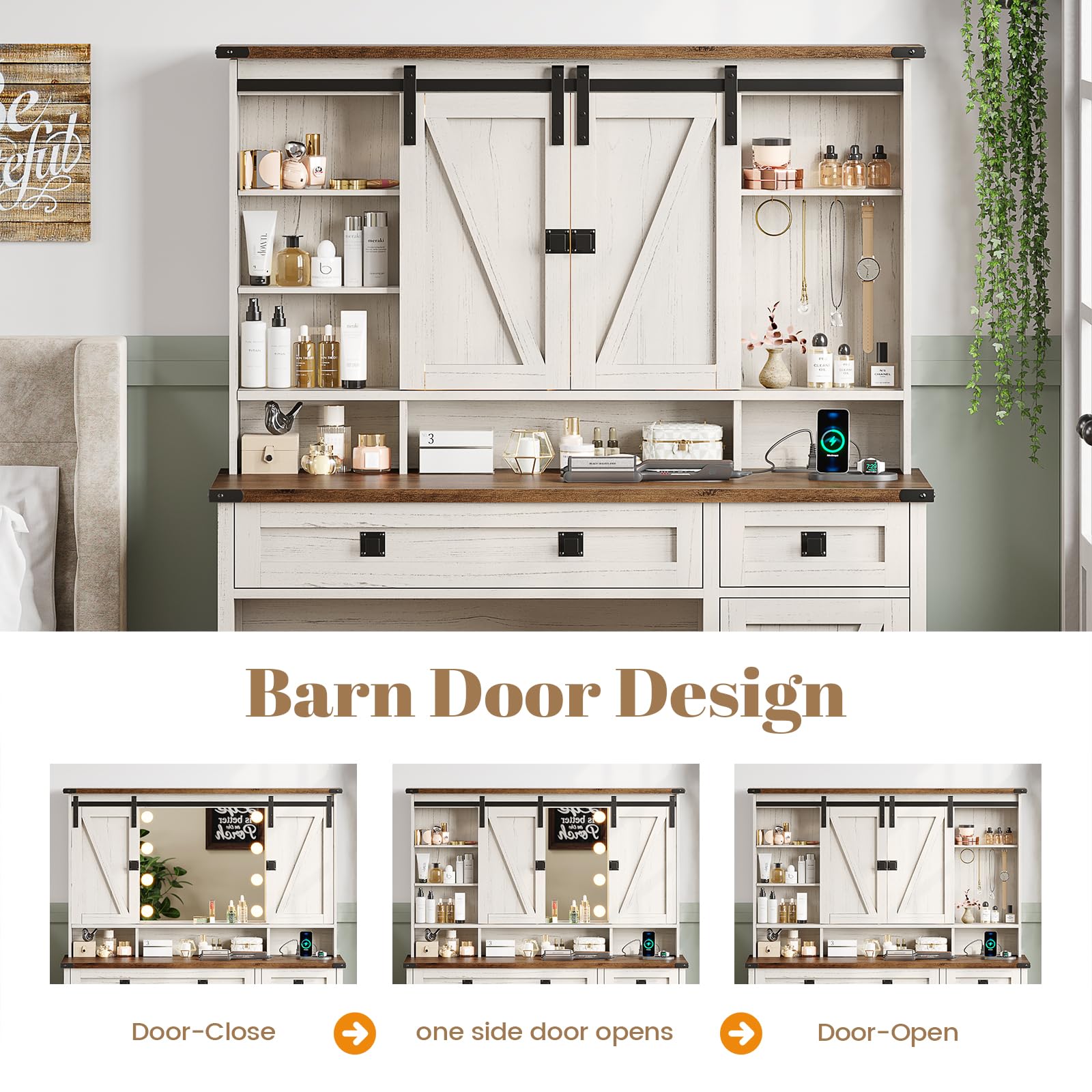 AOGLLATI Farmhouse White Makeup Vanity with LED Lights & Barn Doors - Vanity Desk with Mirror, Charging Station, Jewelry Hooks & Open Storage Shelves - Perfect for Bedroom, Dressing Room & Home Beauty Station