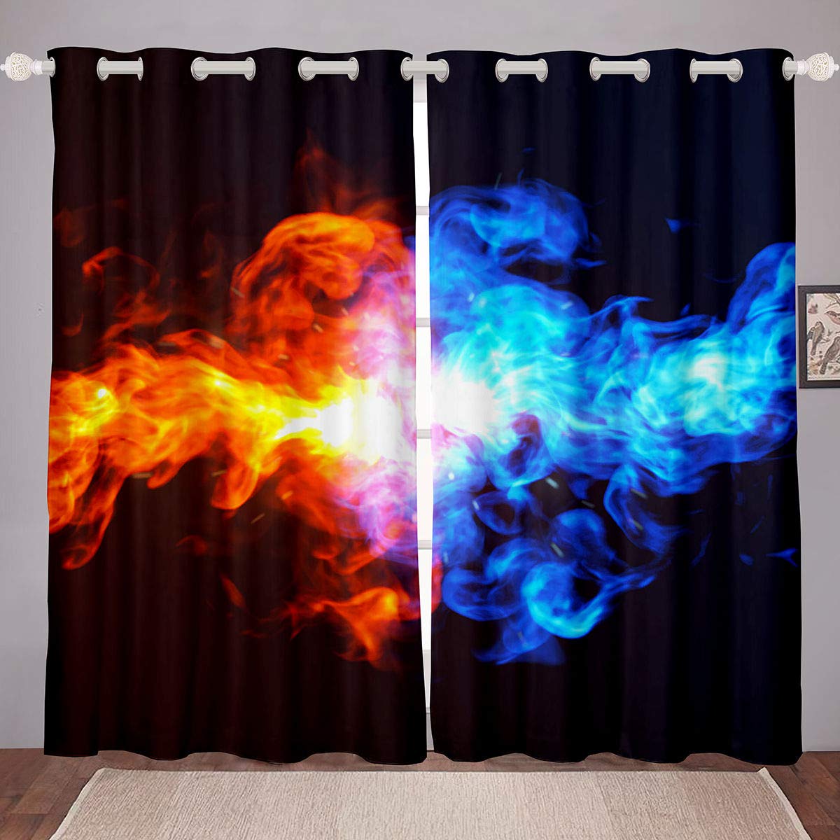 3D Abstract Fire and Water Design Red & Blue Curtain Panels for Bedroom, Living Room & Kitchen - 2 Panels Set (76