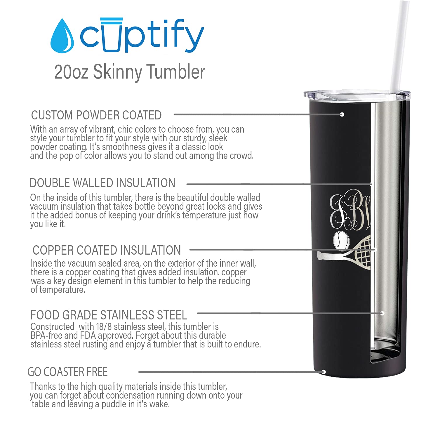 Personalized Monogrammed Tennis Ball & Racket Skinny Tumbler - 20oz Insulated Stainless Steel Cup with Lid & Straw - Custom Tennis Gift for Players & Fans - Perfect for Matches, Training & Gifting