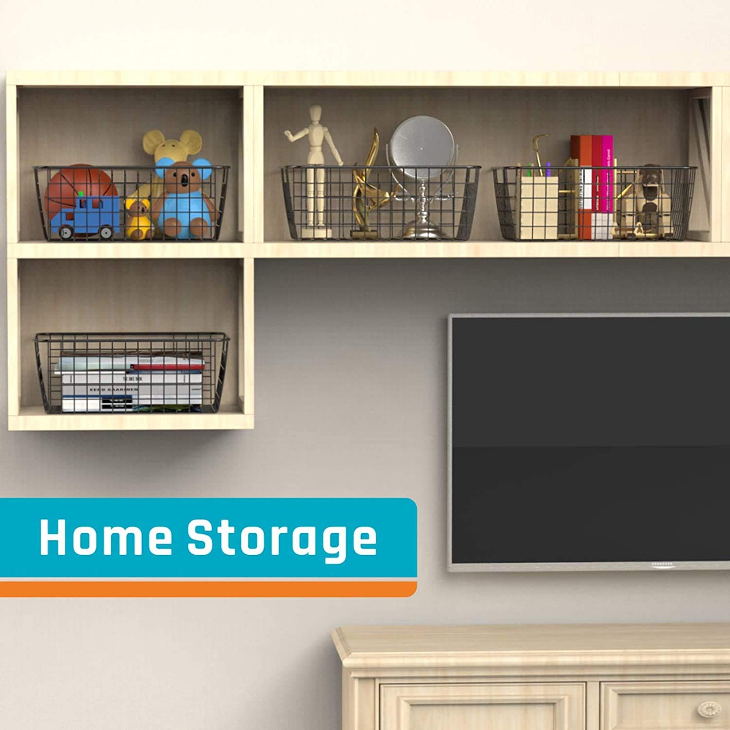 LeleCAT 4-Pack Metal Wire Storage Baskets with Handles - Organizer Bin for Kitchen Cabinets, Pantry, Bathroom, Closets & Garage - Perfect for Food Storage, Home Organization & Space Saving (Black)