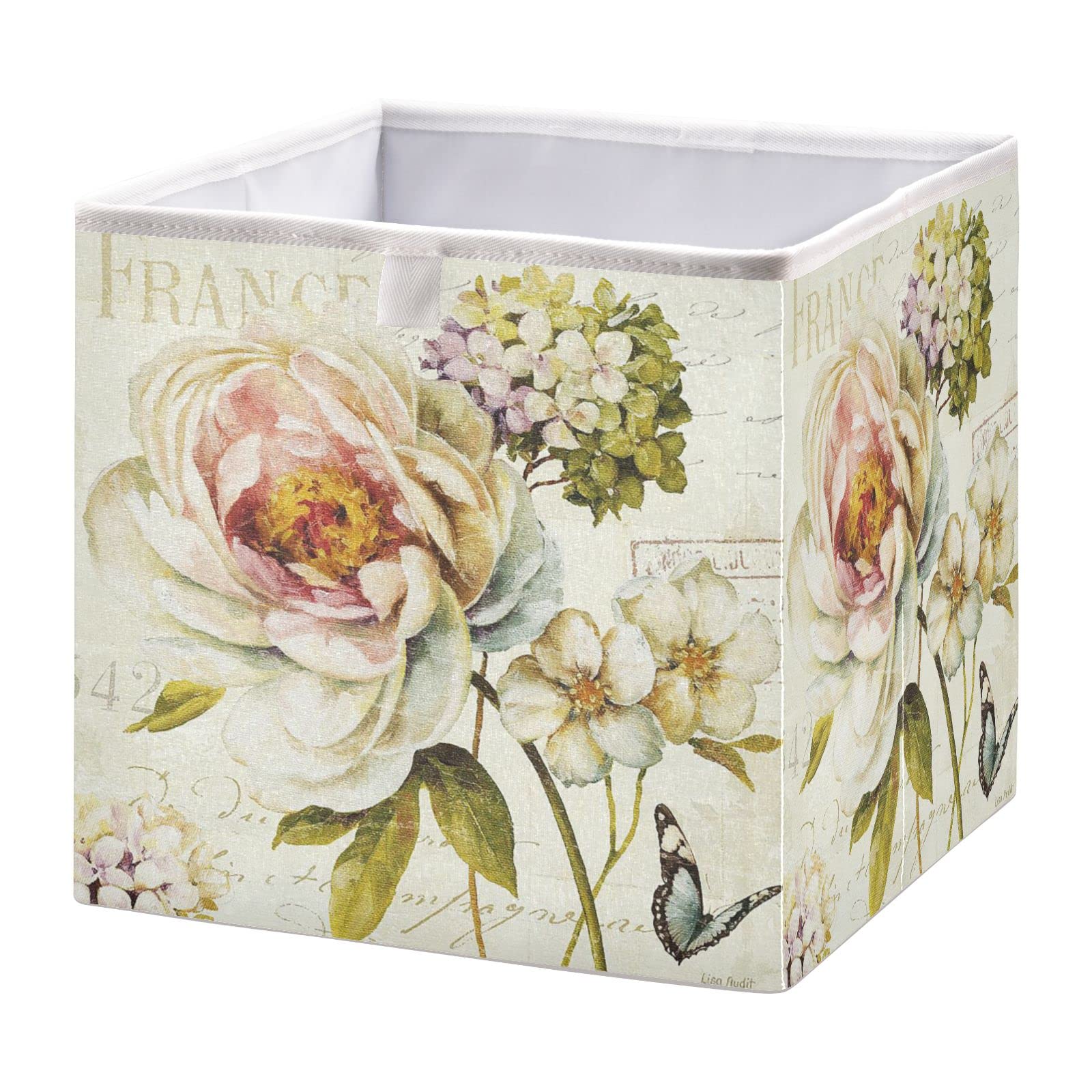 Vintage White Rose Flower Butterfly 11 Inch Foldable Storage Bin Organizer - Perfect for Closet, Cabinet, Shelf & Office Organization | Home Decor & Storage Solution
