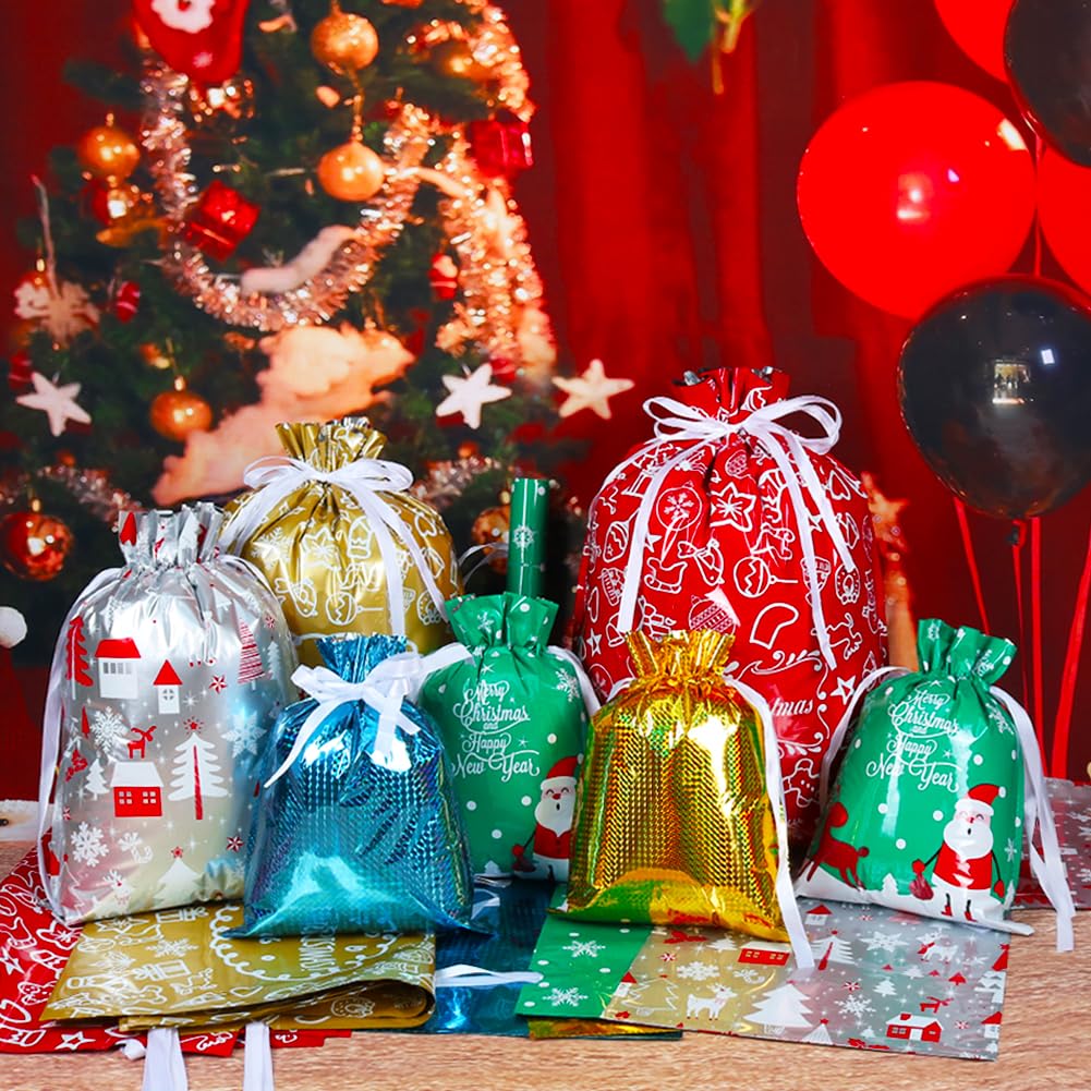 HRX 30-Piece Foil Drawstring Christmas Gift Bags Set - Assorted Sizes for Holiday Presents & Party Favors | Festive Xmas Wrapping Pouches for Gifts, Stocking Stuffers & Secret Santa Exchanges
