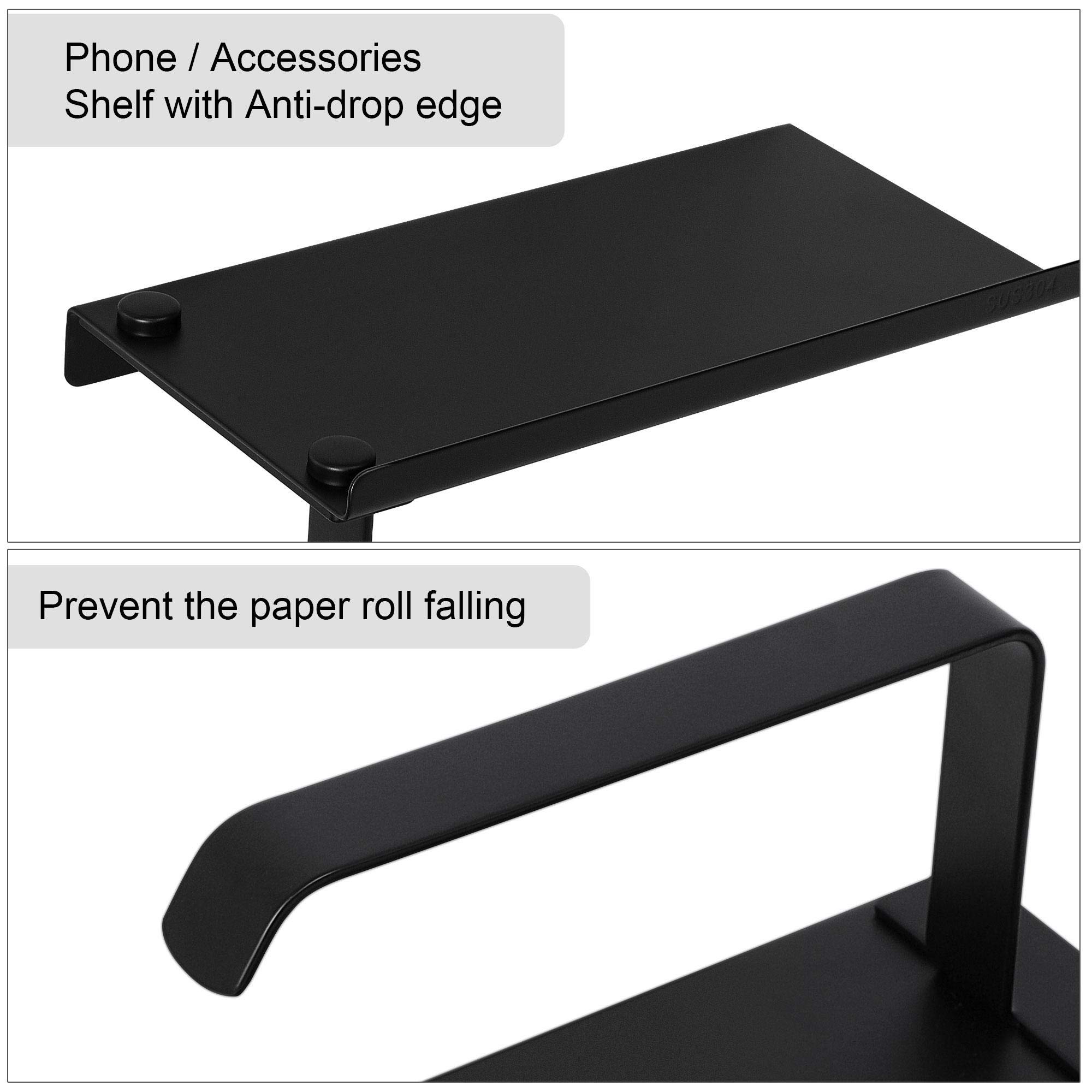 Stainless Steel Black Toilet Paper Holder with Phone Shelf - Wall Mounted Bathroom Tissue Towel Holder - Matte Finish for Modern Homes & Office Restrooms