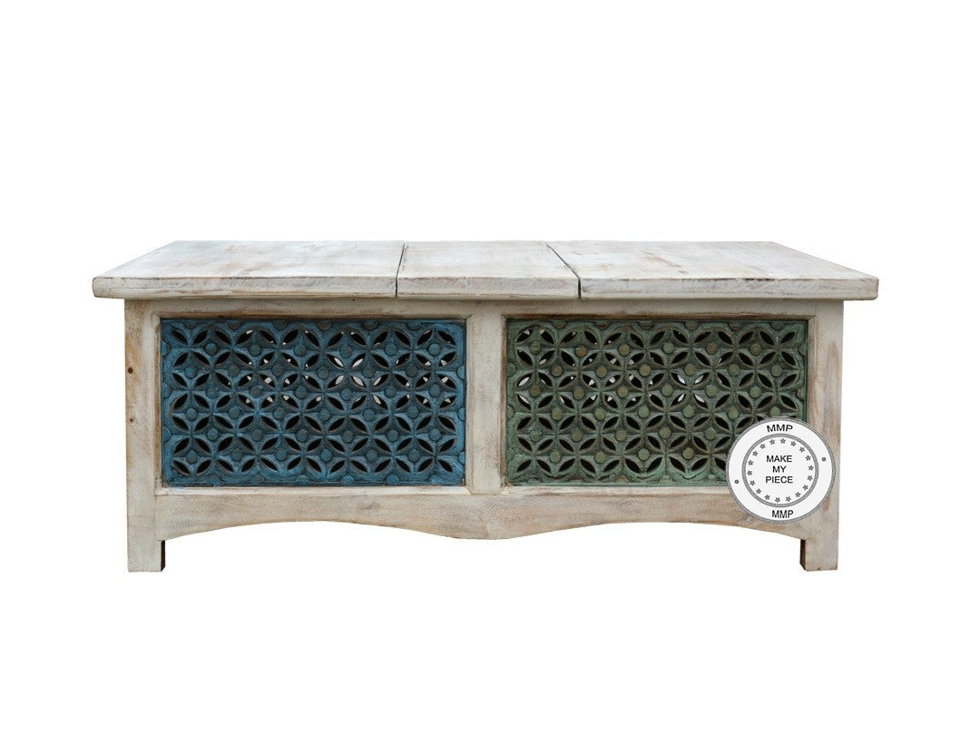 Hand Carved Indian Solid Wood Jali Chest Box with Side Table - Whitewashed Storage for Jewelry, Blankets & Home Decor - Perfect for Bedroom, Living Room & Boho Style Decor
