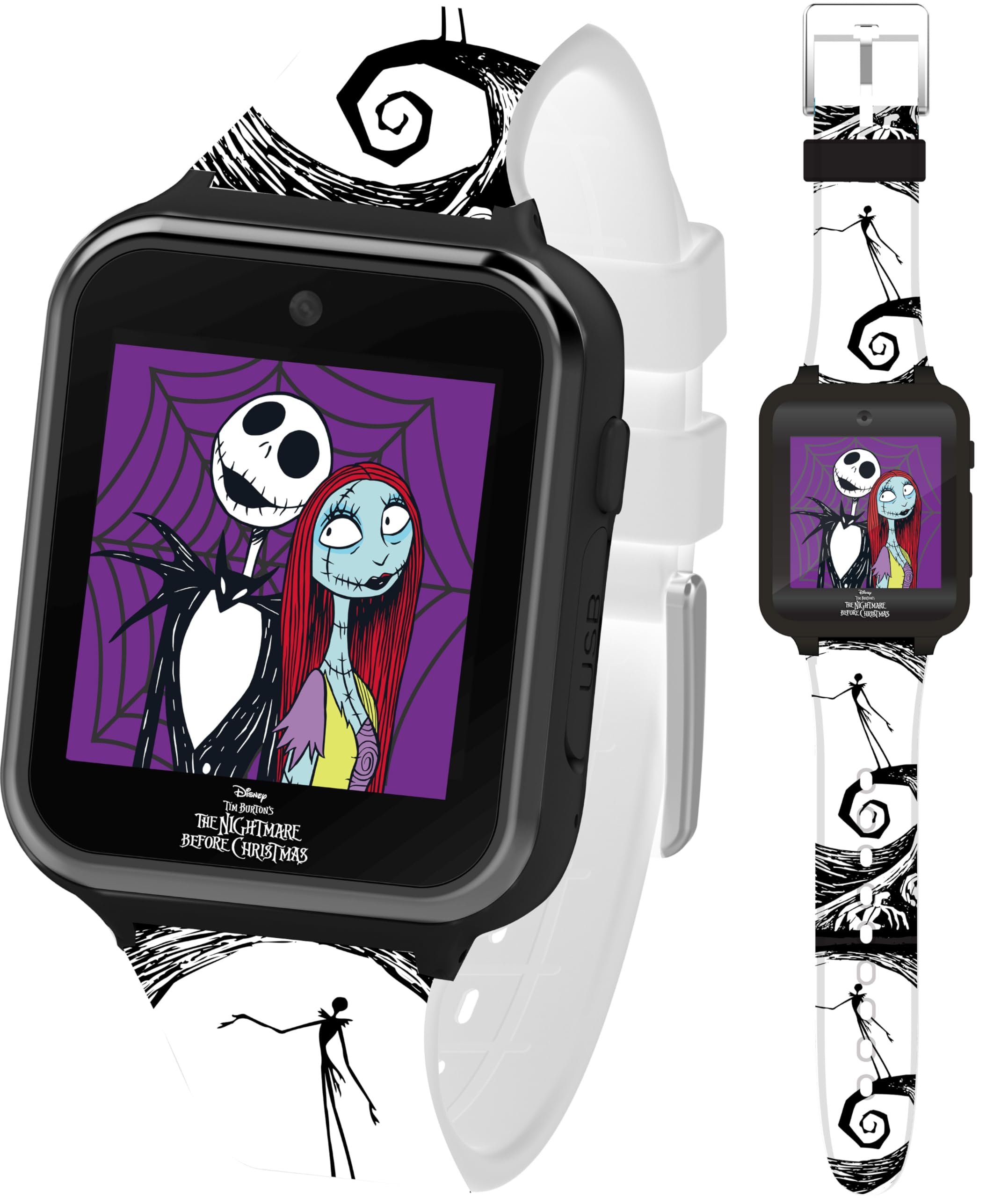 Disney Nightmare Before Christmas Kids Smartwatch – Interactive Jack & Sally Design with 10 Clock Faces, Step Counter, Selfie Camera, Games, Calculator, Alarm & Timer – Fits Wrists 5.5