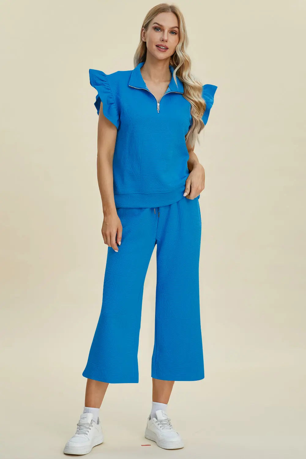 Double Take Women's Full Size Textured Ruffle Short Sleeve Top & Wide Leg Pants Set | Casual Outfit for Summer, Beach, Date Night & Office Wear