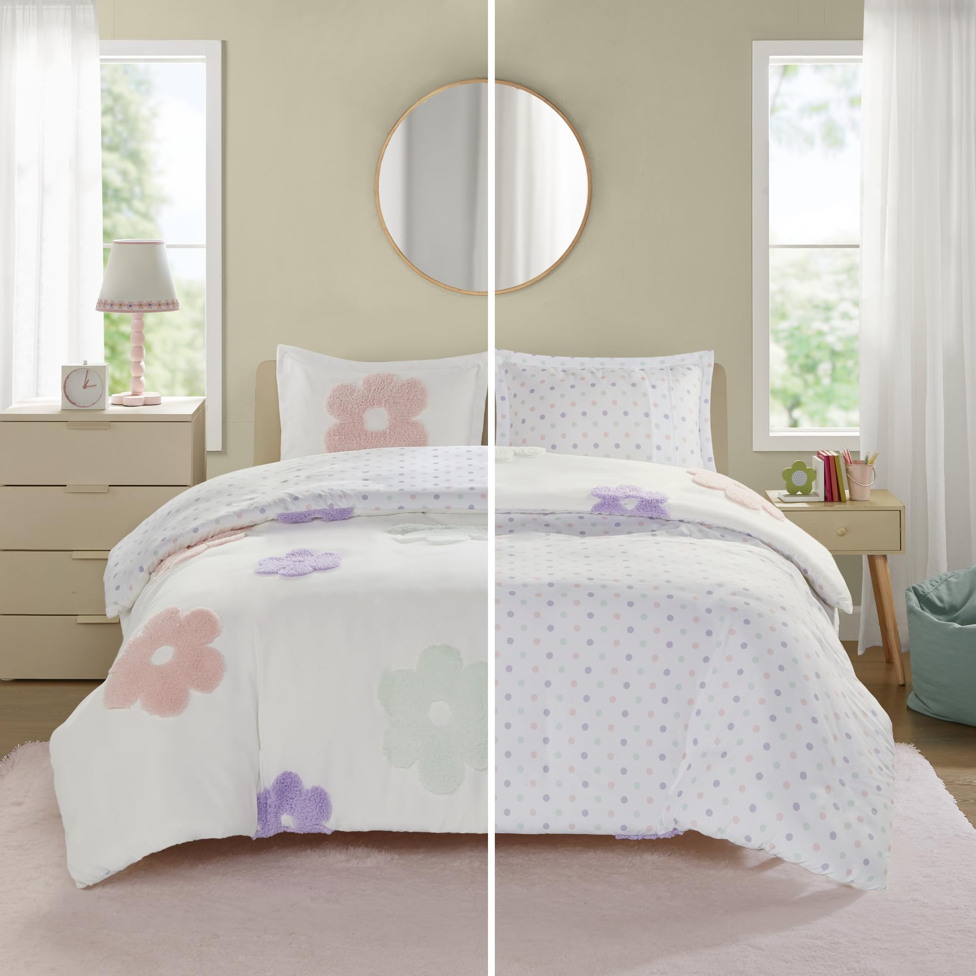 Queen Size Duvet Cover Set for Girls - Tufted Chenille Floral Reversible Bedding with Polka Dot Design | Lightweight 4-Piece Set Includes Duvet Cover, Sham & Pillowcases | Perfect for Teen Bedrooms, Guest Rooms & Cozy Purple Themed Decor (Full/Queen, White & Purple)