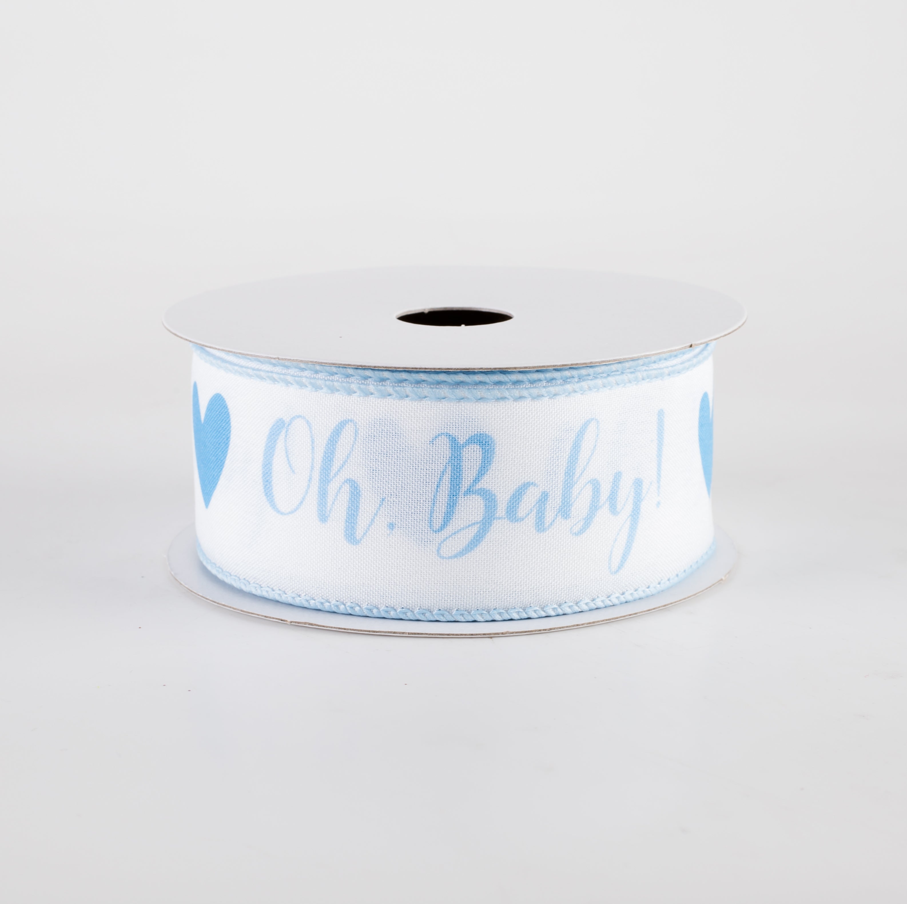 1.5 Inch Linen Oh Baby Heart Ribbon - White & Light Blue Craft Ribbon (10 Yards) for Baby Shower Decorations, Gift Wrapping & DIY Crafts