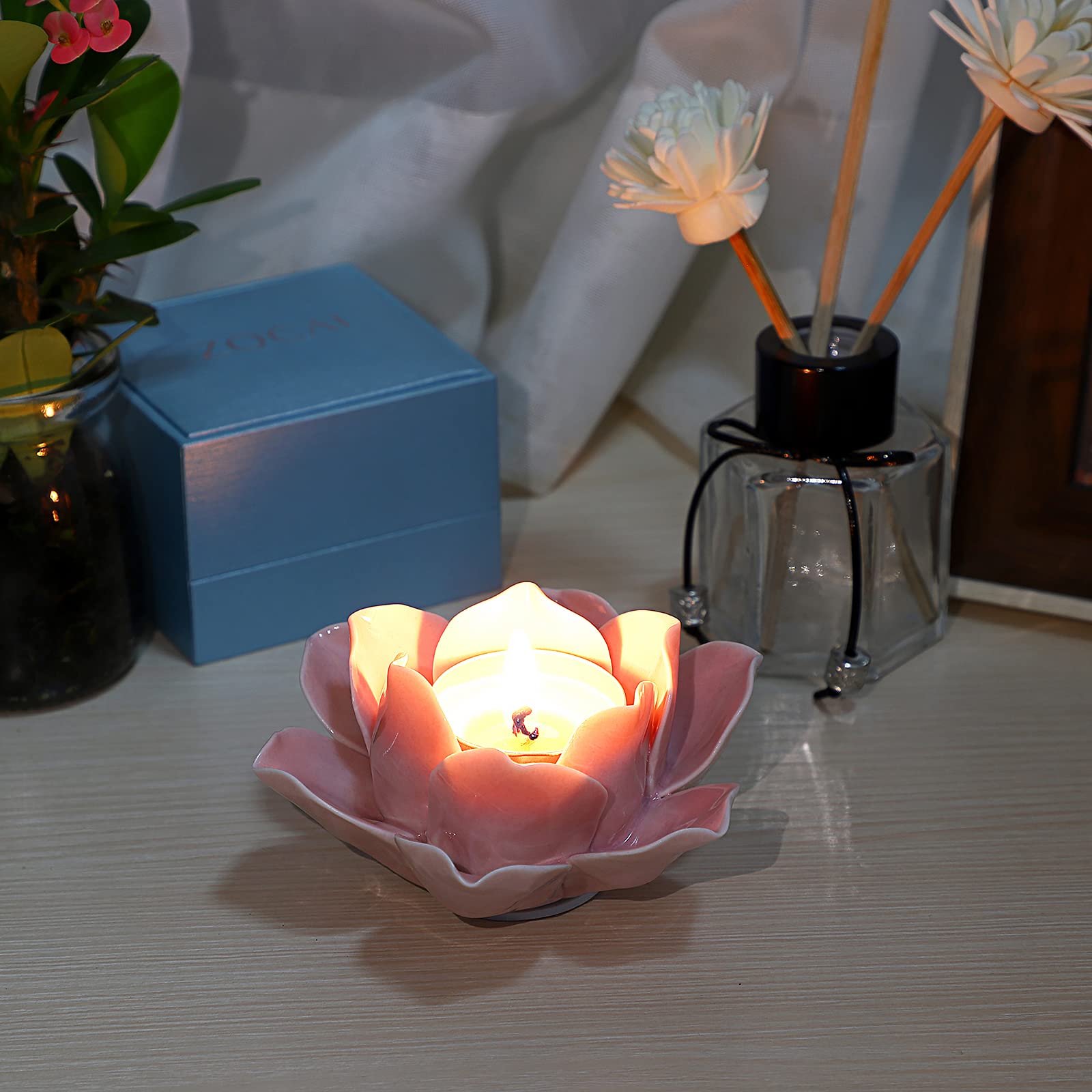 4.5 Inch Ceramic Lotus Flower Tea Light Holder - Elegant Pink Lotus Petals Candle Holder for Home Decor, Wedding, Party - Includes Gift Box - Perfect for Romantic Ambiance, Spa Relaxation & Table Centerpieces