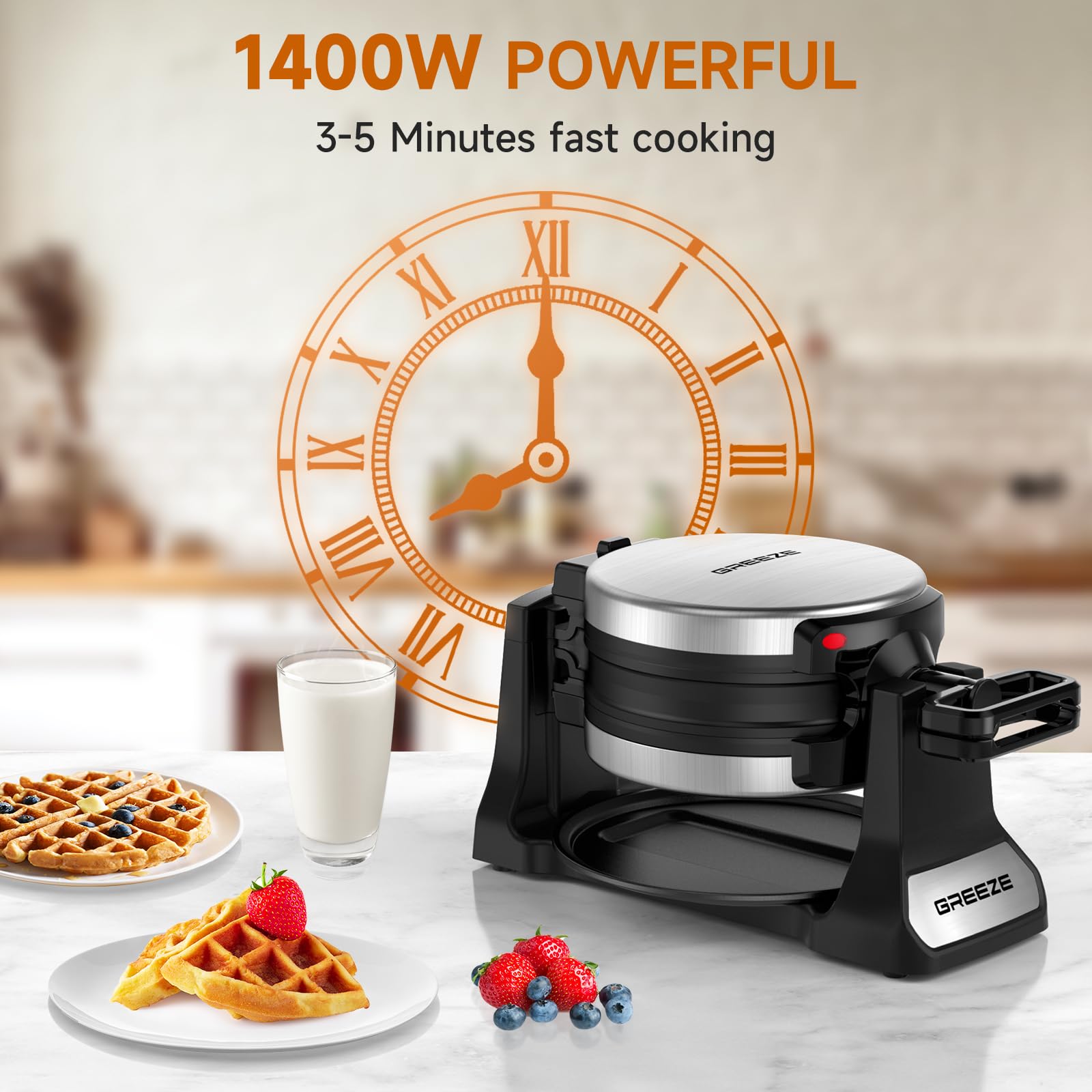 Double Belgian Waffle Maker 180° Flip - 1400W Stainless Steel Waffle Iron with Nonstick Plates & Removable Drip Tray - Makes 8 Slices - Perfect for Breakfast, Brunch, and Family Gatherings