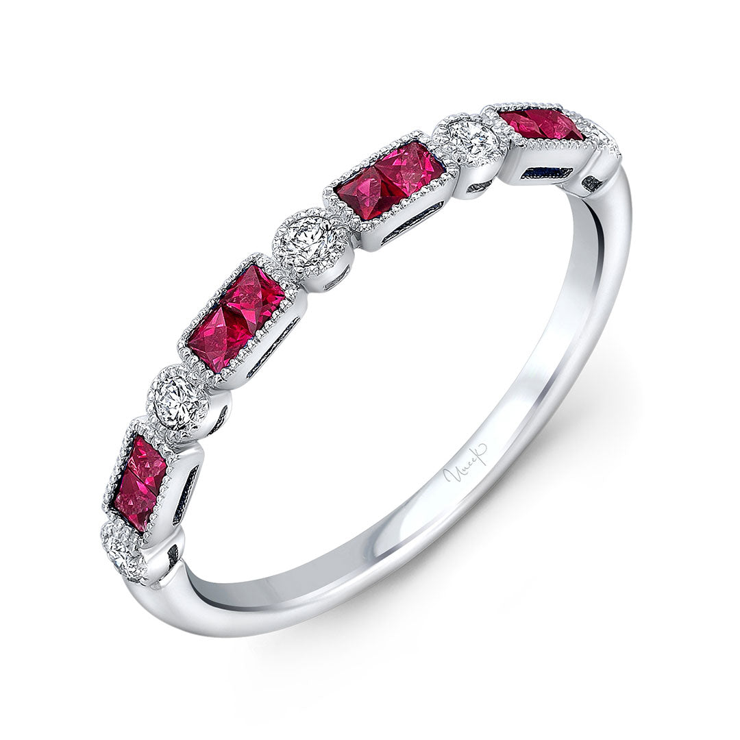 14K White Gold Ruby & Diamond Milgrain Halfway Wedding Band Ring - Perfect for Engagement, Anniversary, and Bridal Jewelry Gifts