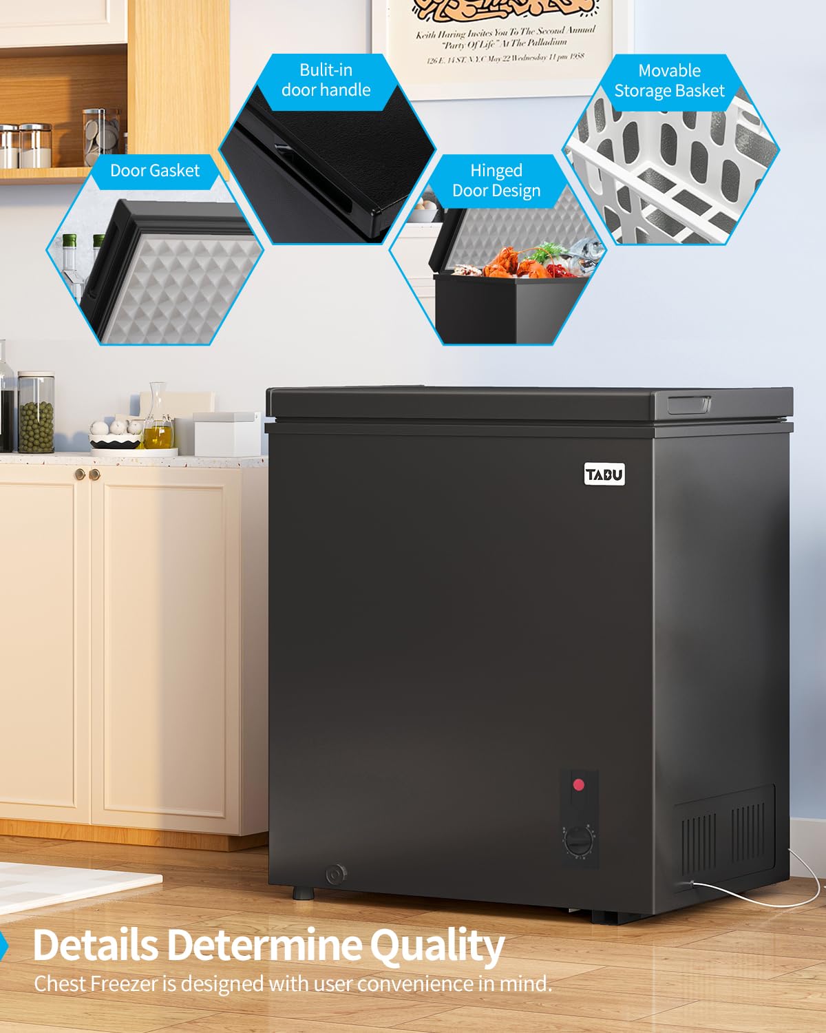 TABU 3.5 Cubic Feet Chest Freezer - Compact Top Open Deep Freezer with Removable Basket, 7-Level Adjustable Thermostat, Freestanding Design (Black) - Perfect for Home, Garage, Basement, or Small Business Storage