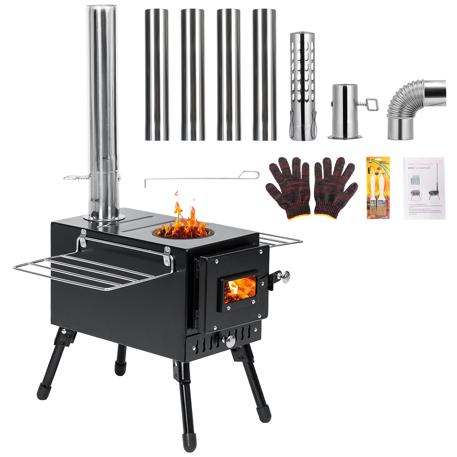 Portable Wood Burning Stove for Camping & Outdoor Cooking - YRenZ Tent Stove with Adjustable Heat Control, Stovepipe & Elbow Pipe - Perfect for Backpacking, Hunting, Ice Fishing & Emergency Heating