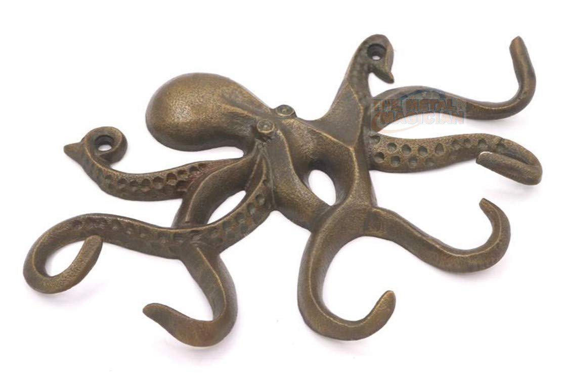 Octopus Key Holder Wall Hook - Decorative Nautical Wall Mounted Rack for Keys, Coats & Towels - Antique Brass Cast Aluminum Hanger - Perfect for Bedroom, Bathroom, Kitchen & Balcony Organization