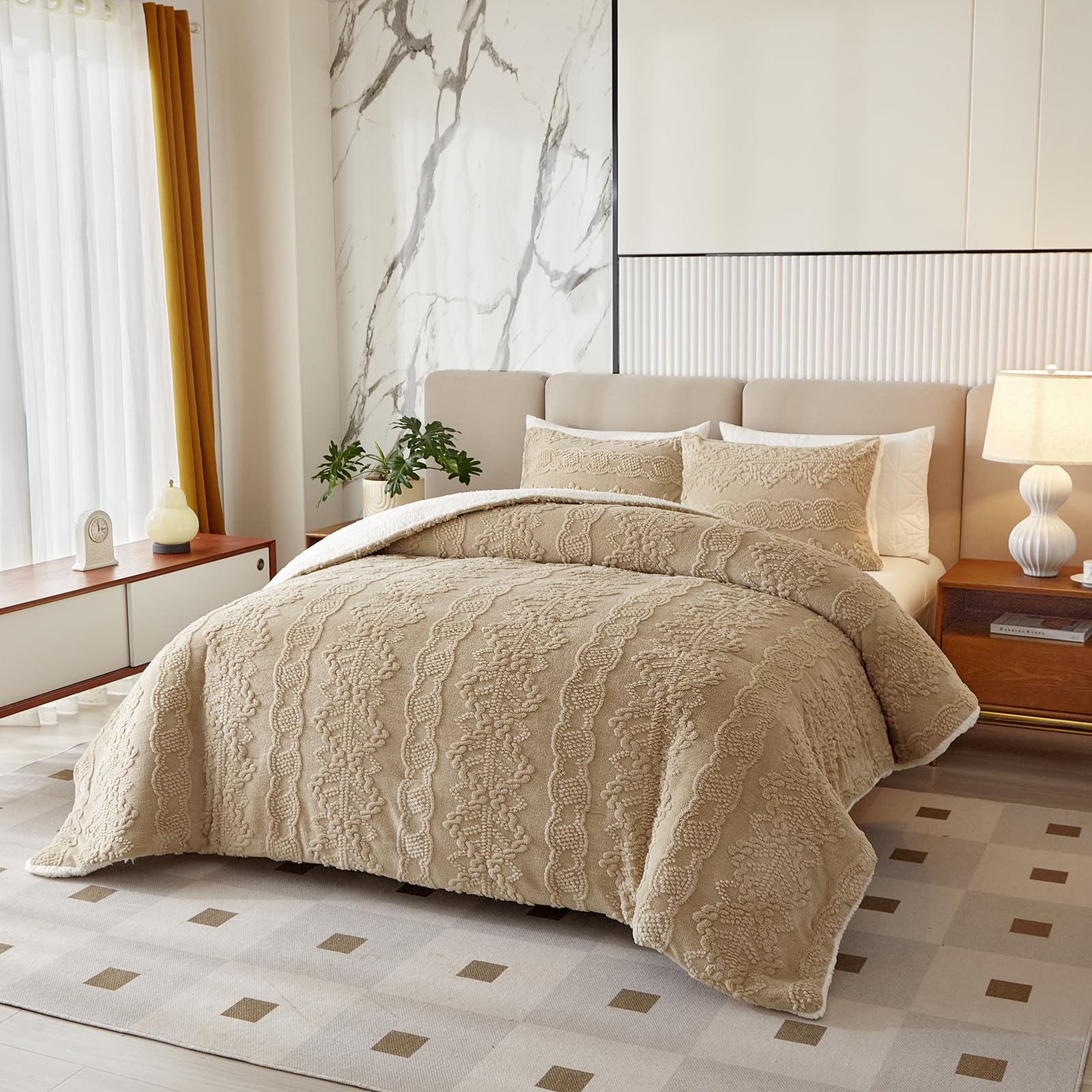 Luxury Flannel Fleece Sherpa Comforter Set - Twin Size Jacquard Boho Stripes Down Alternative Comforter in Khaki - Ultra Soft & Warm 3-Piece Bedding Set for Winter (1 Comforter + 2 Pillowcases) - Perfect for Cozy Nights, Guest Rooms & Cold Weather Comfort