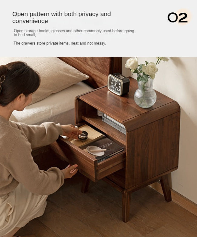 Black Walnut Solid Wood Modern Nightstand - Small Bedside Table with Storage Drawer for Bedroom, Living Room, or Office