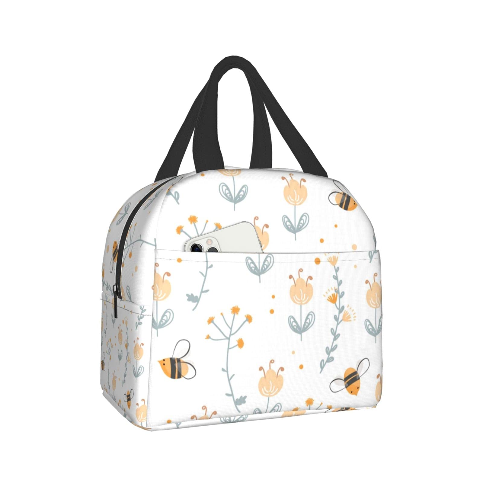 Insulated Reusable Lunch Bag with Front Pocket - Leakproof Cooler Tote for Women & Men - Perfect for Office, Work, Picnic & Outdoor Activities - Cute Bee Design