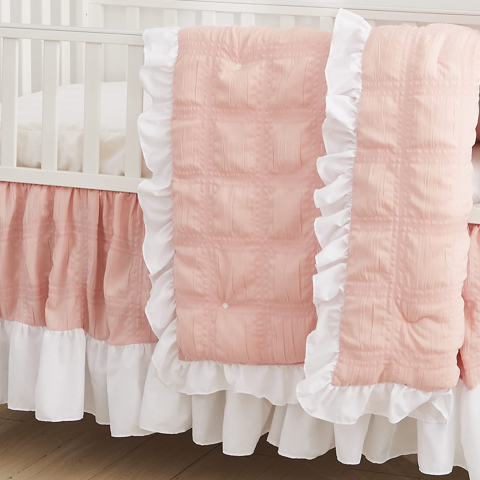 Brandream 3-Piece Baby Crib Bedding Set for Boys & Girls - Soft Seersucker Crib Skirt, Blanket & Fitted Sheet in Pinch Pink - Nursery Bedding Essentials for Newborns & Toddlers (Perfect for Baby Showers & Nursery Decor)