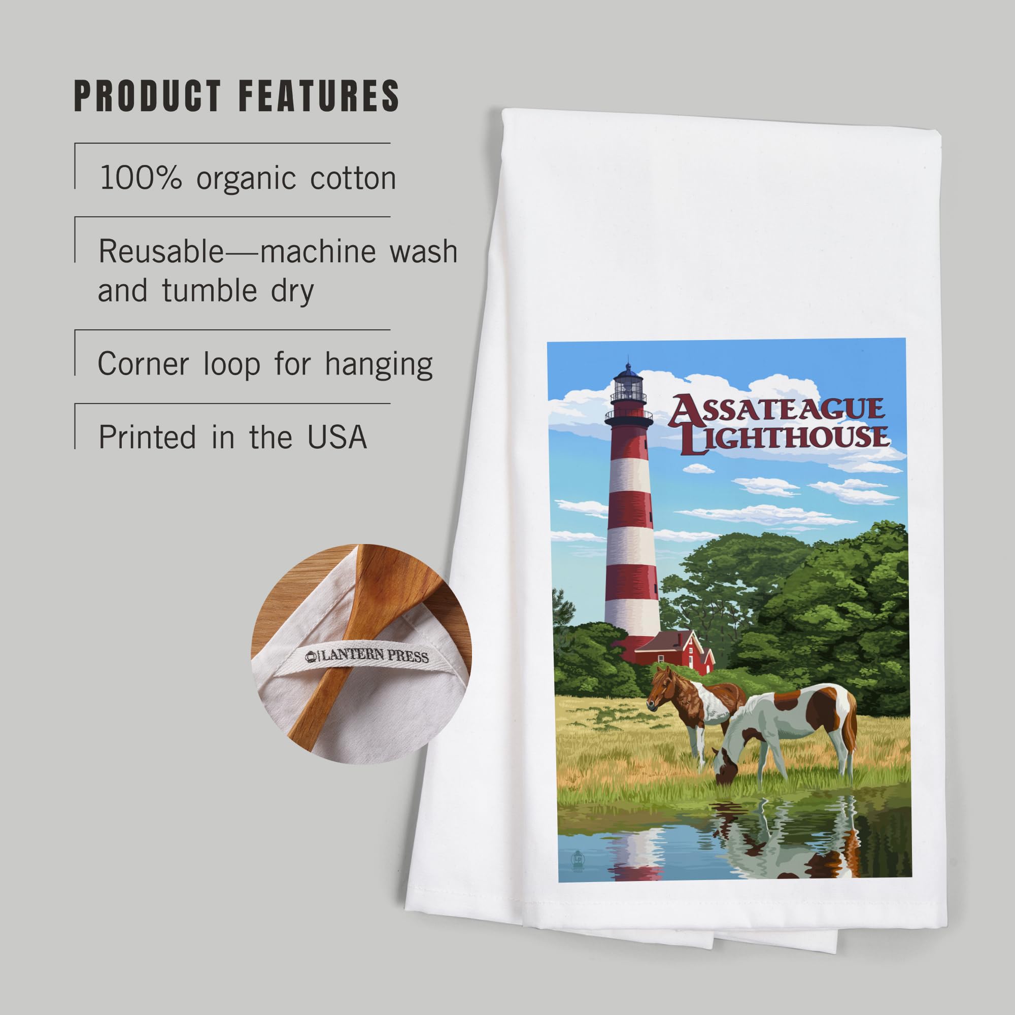 Lantern Press Assateague Virginia Lighthouse and Horses 100% Cotton Tea Towel - Decorative Kitchen Hand Towel for Home Decor, Dish Drying & Coastal Themed Gifts