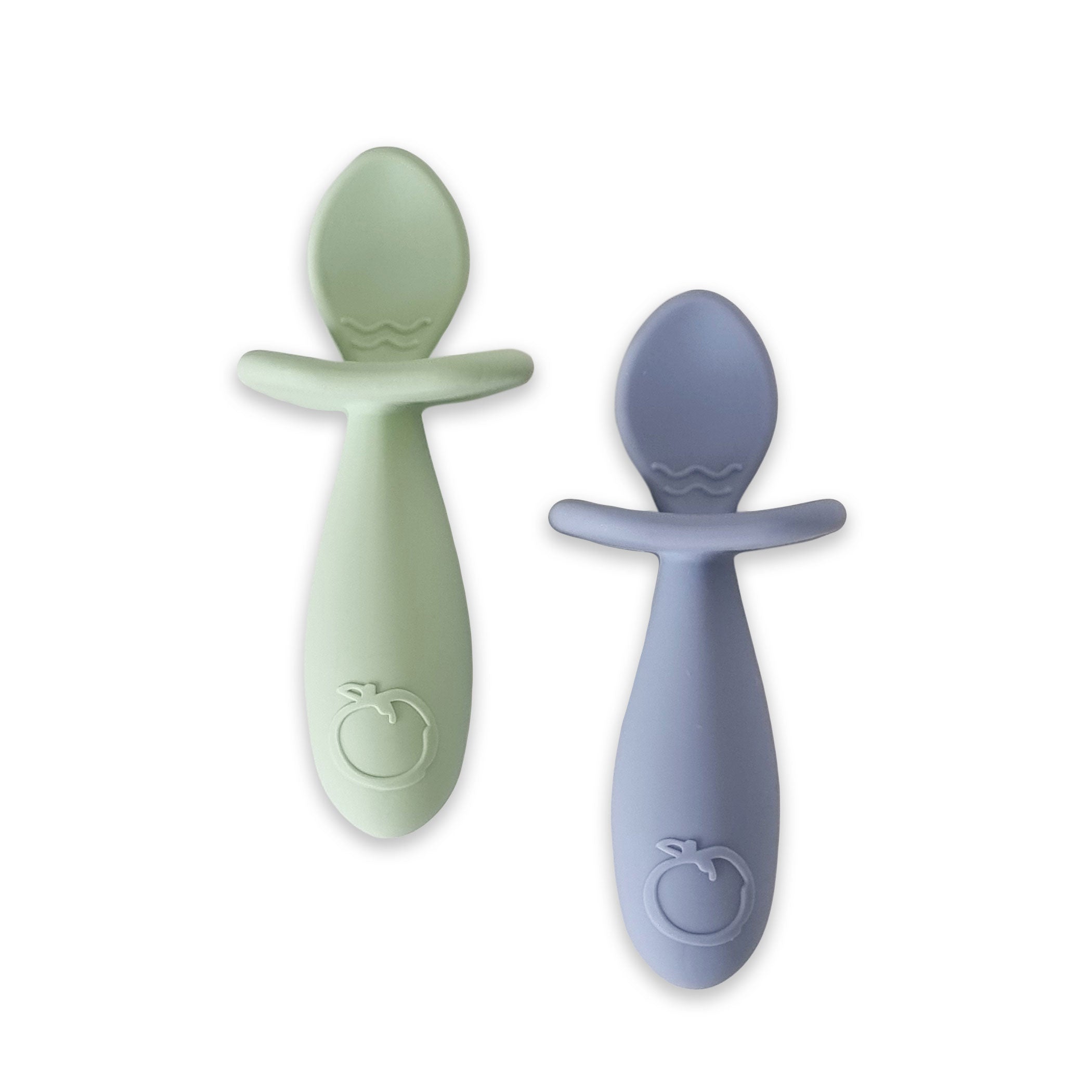 Plum Silicone Easy Grip Baby Spoon Set - 2 Pack, Olive Green & Steel Blue - Soft Infant Feeding Utensils for Toddlers & Babies - Perfect for Purees, Cereal & First Foods