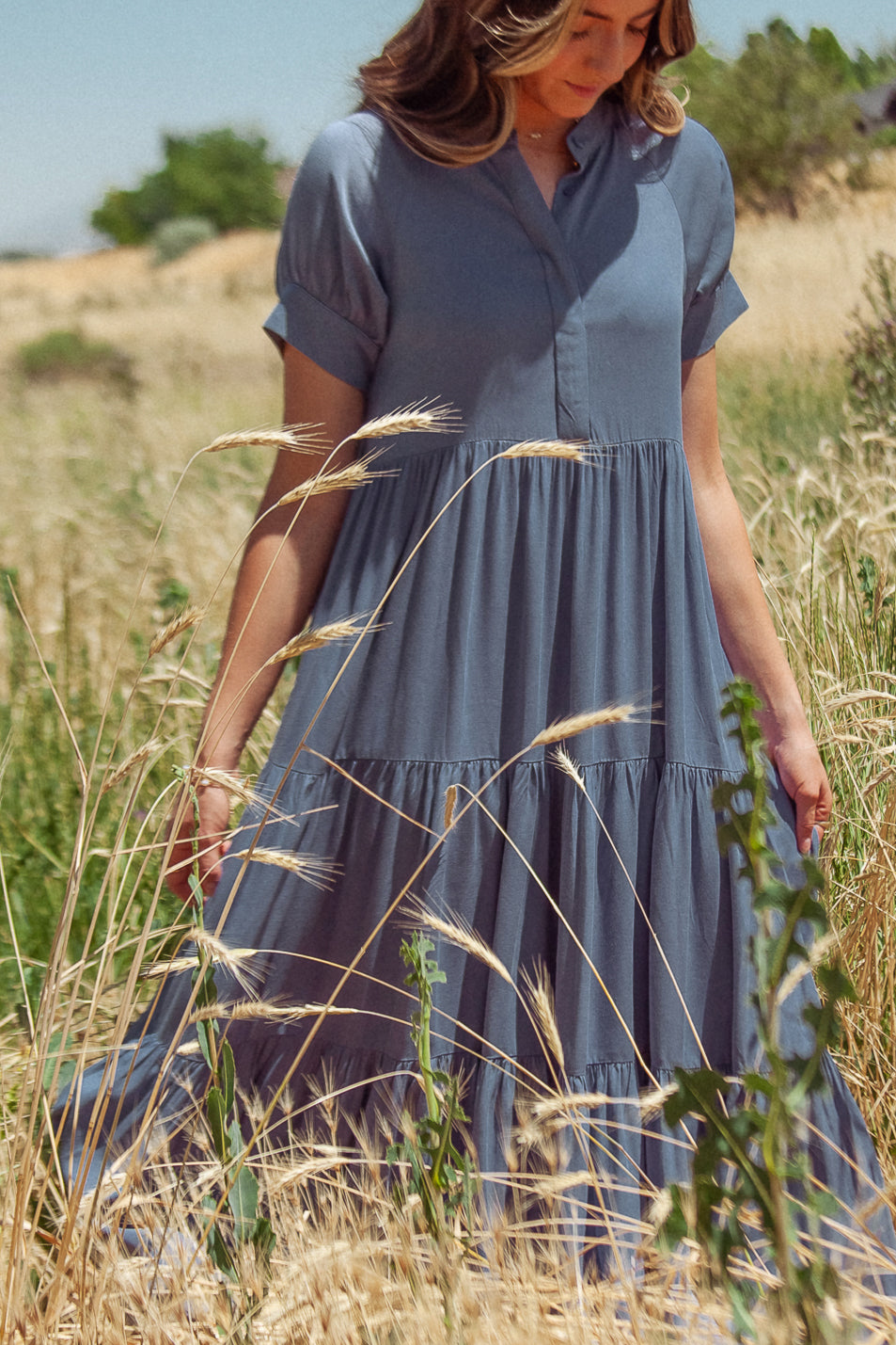 Amanda Women's Slate Blue Tiered Maxi Dress - Flowy Boho Summer Dress for Beach, Vacation & Casual Wear