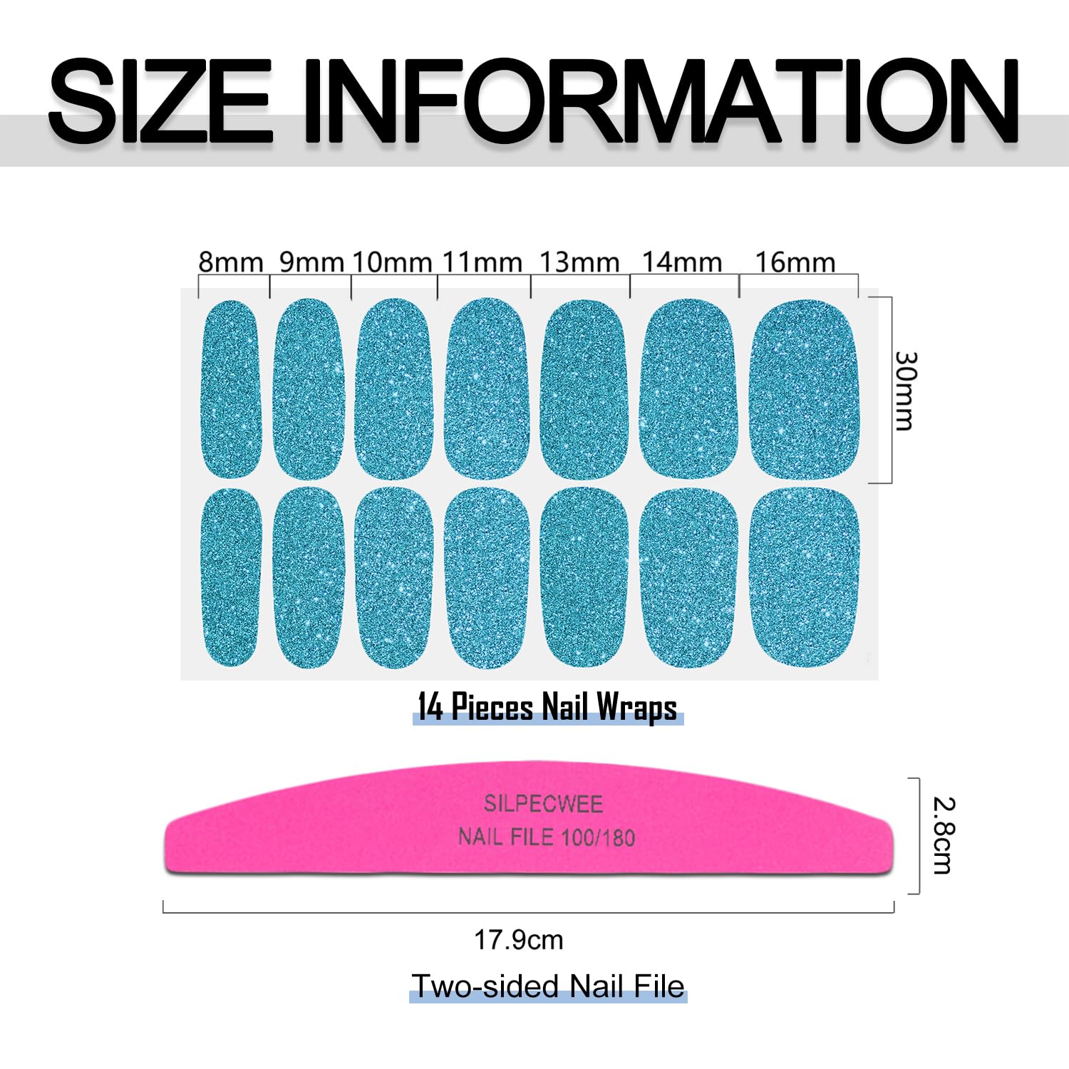 SILPECWEE 8 Sheets Blue Glitter Nail Wraps for Women - Self-Adhesive Gel Nail Polish Strips with Nail File | Easy Manicure at Home, Perfect for Parties, Weddings & Daily Nail Art Designs