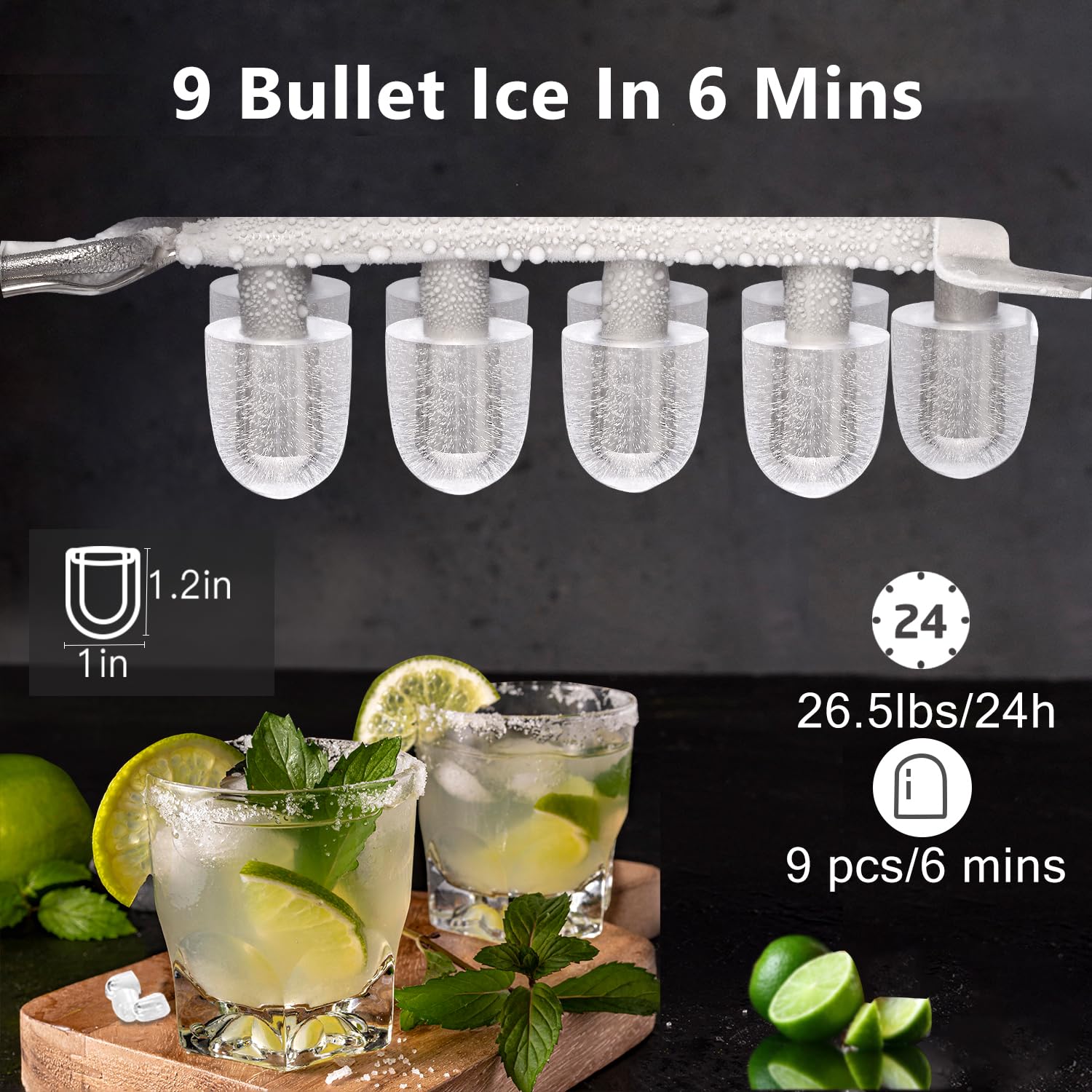 Joy Pebble Stainless Steel Countertop Ice Maker - 26Lbs/24H Capacity, Makes 9 Ice Cubes in 6-8 Minutes, Self-Cleaning Portable Ice Machine with Handle for Home, Office, Bar & Outdoor Use (Silver)