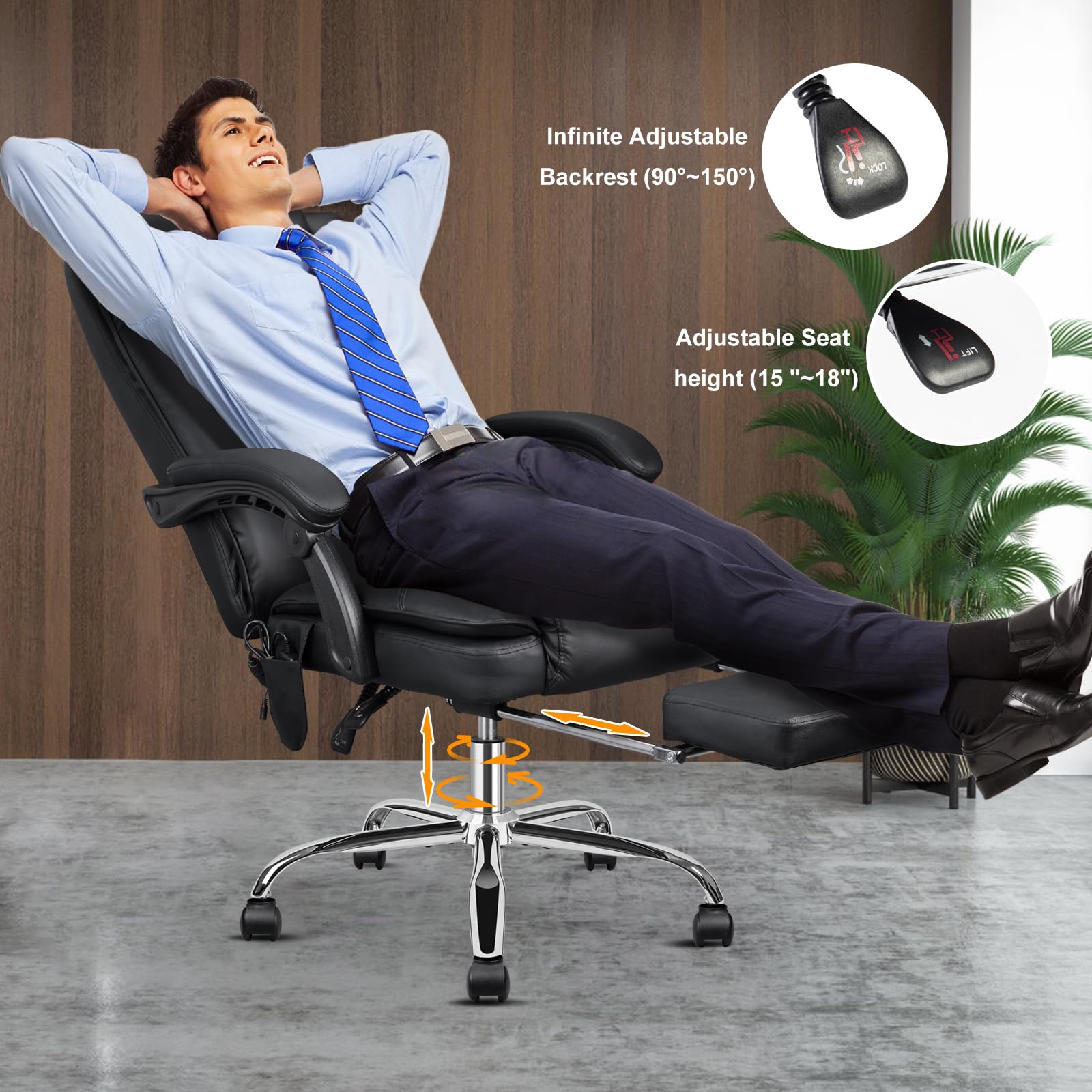 Ergonomic Office Chair with Heating & Massage - Big and Tall Executive Reclining Chair with Adjustable Lumbar Support, Footrest & Wheels - Perfect for Home Office, Gaming & Workspace Comfort