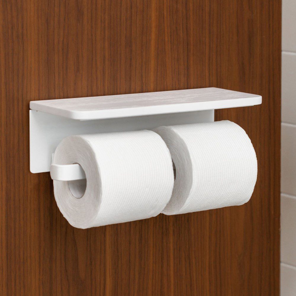 DESIGNSTUFF White Dual Toilet Roll Holder with Shelf - Bathroom Storage Organizer for Modern Homes